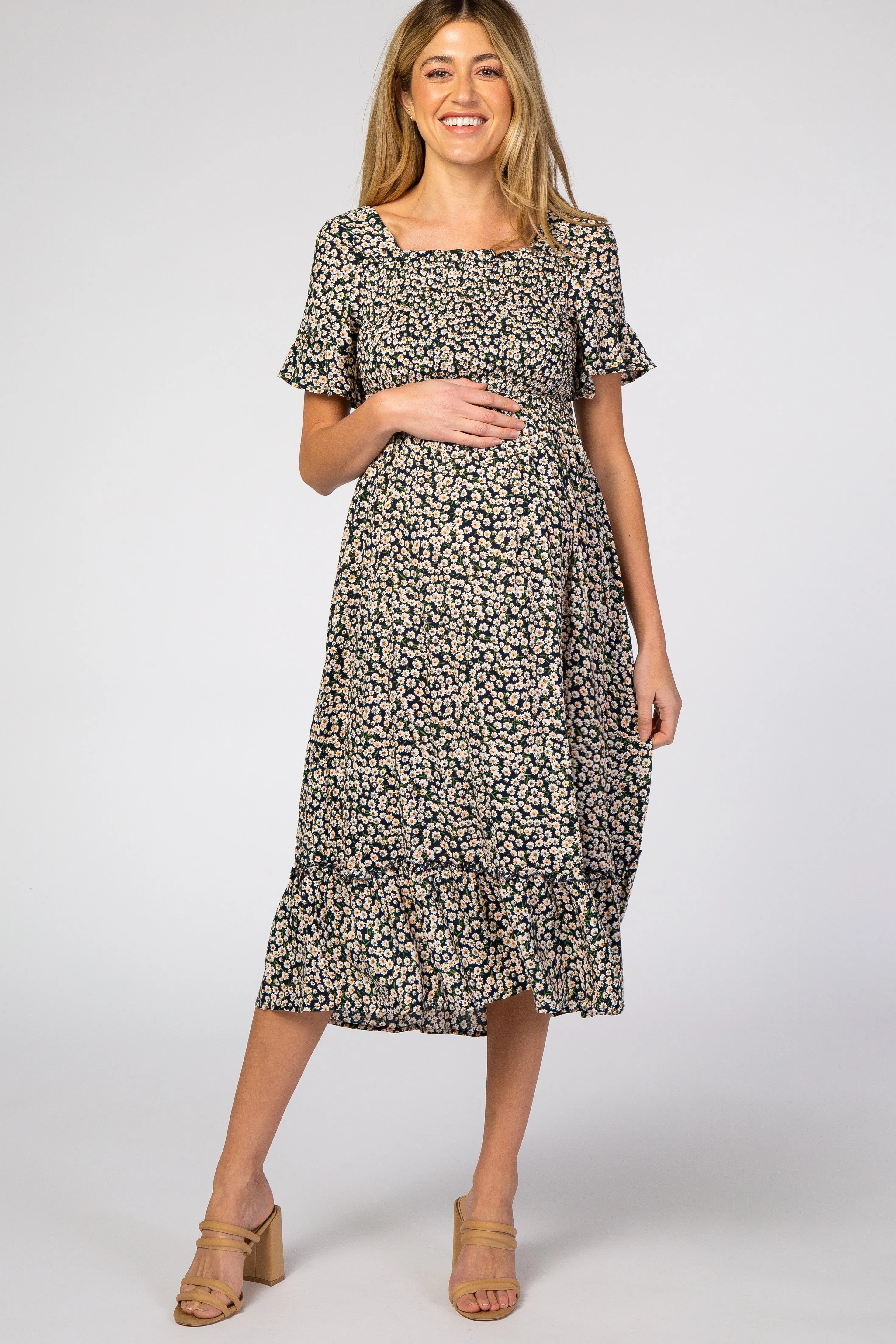 Navy Floral Ruffle Maternity Midi Dress sold by Pinkblush