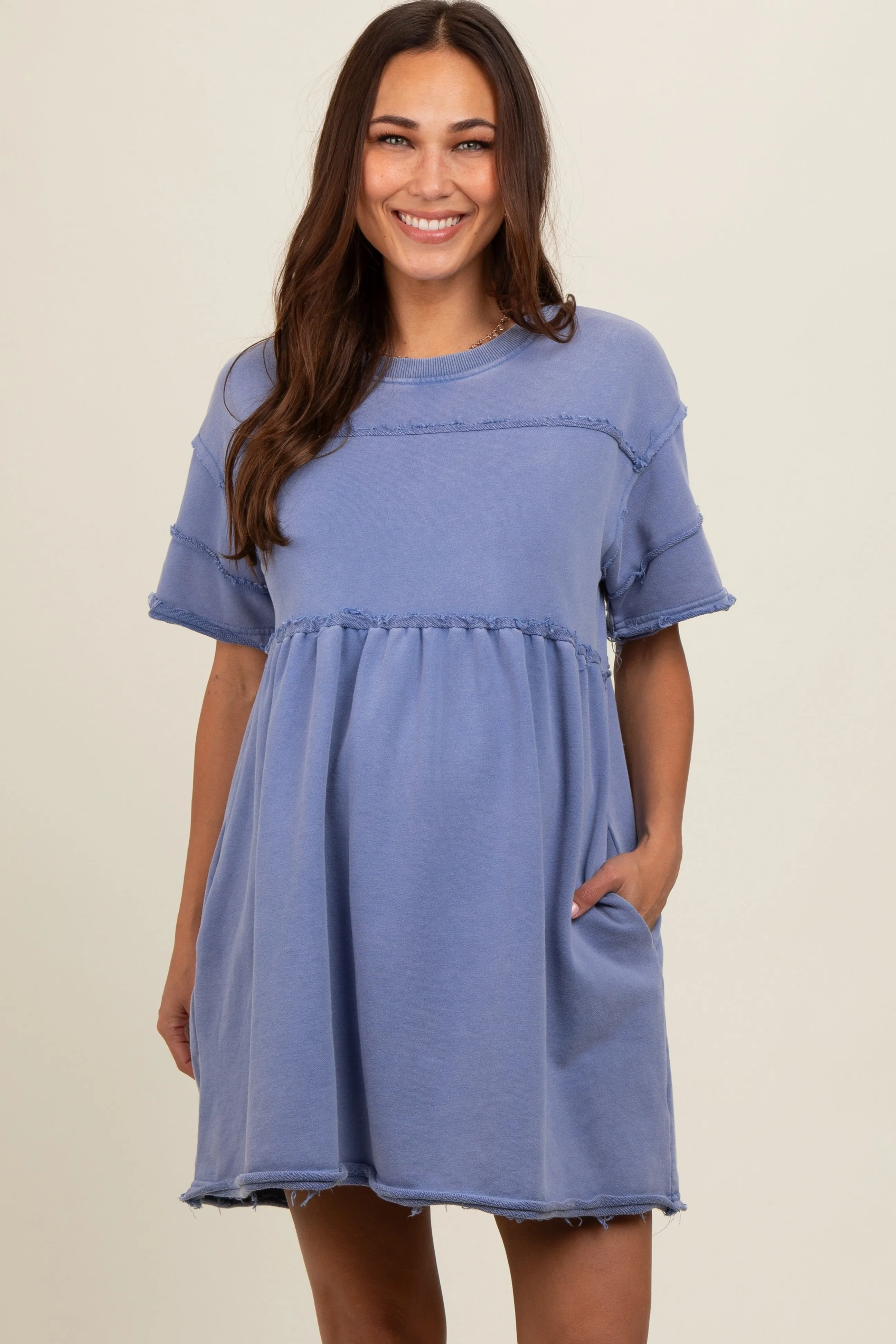 Blue Raw Hem Maternity Short Sleeve Dress sold by Pinkblush