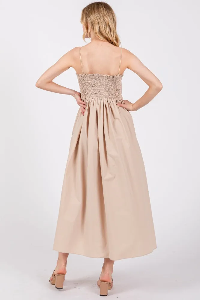 Beige Smocked Pocketed Midi Dress sold by Pinkblush product image thumbnail 3