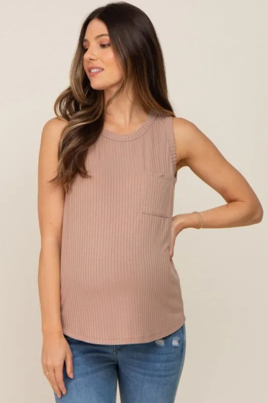 Mocha Sleeveless Ribbed Pocked Maternity Top sold by Pinkblush