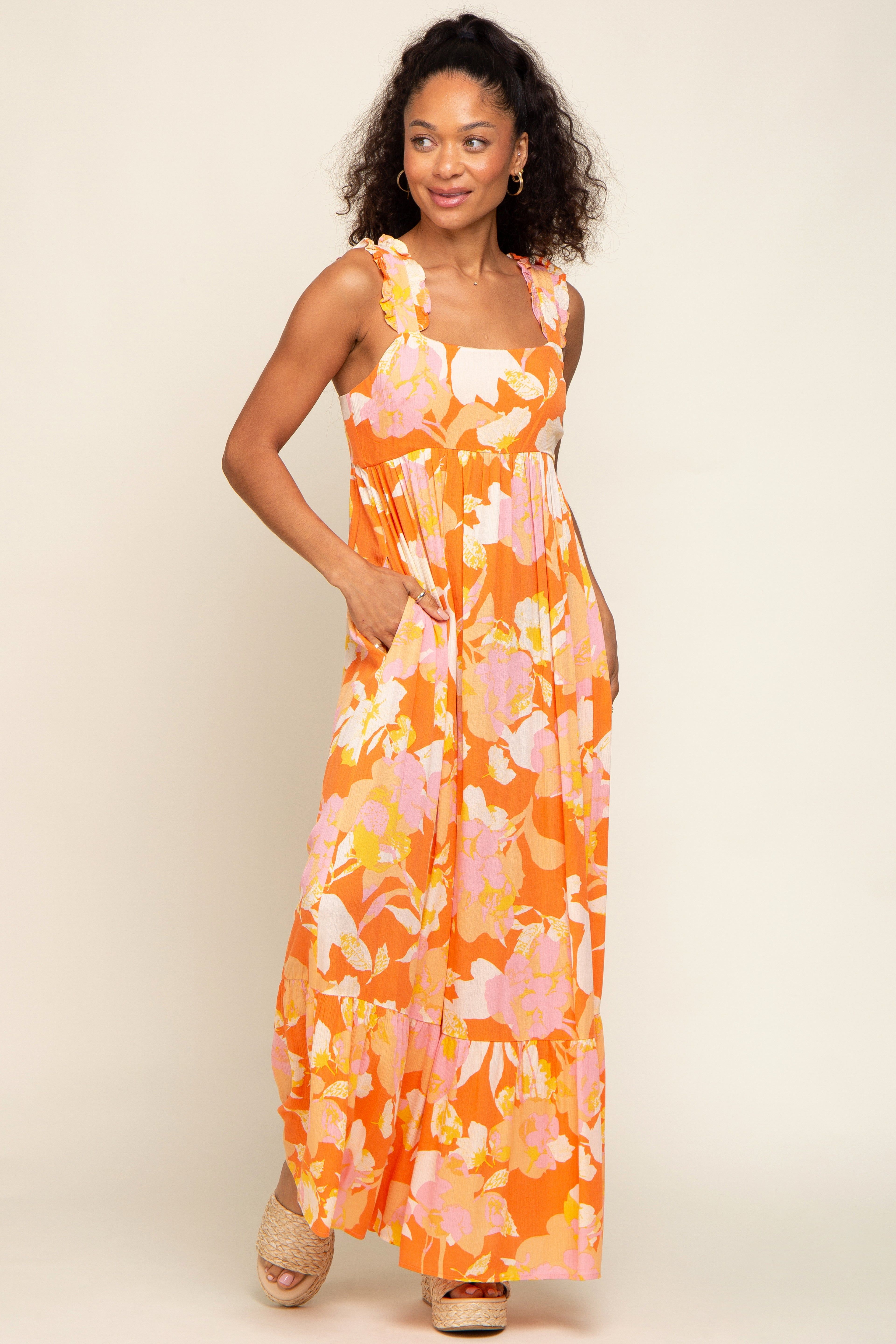 Orange Floral Sleeveless Maxi Dress sold by Pinkblush product image thumbnail 4