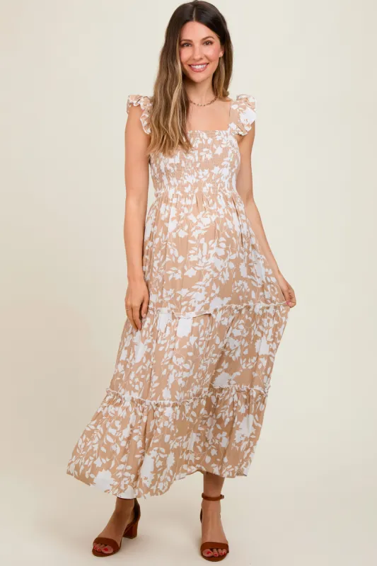 Beige Ruffle Sleeve Tiered Maternity Maxi Dress sold by Pinkblush