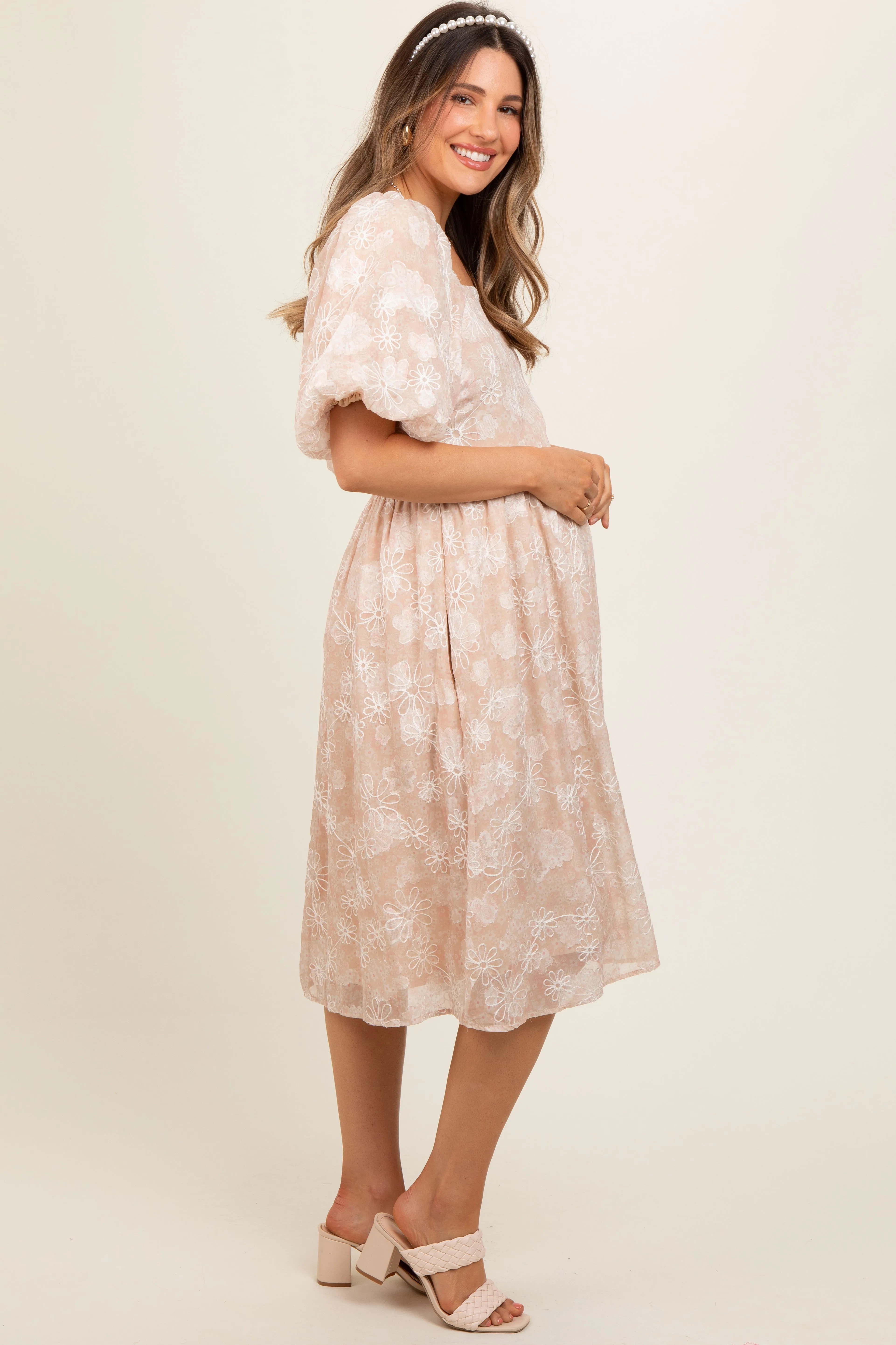 Beige Floral Embroidered Short Puff Sleeve Maternity Dress sold by Pinkblush product image thumbnail 3
