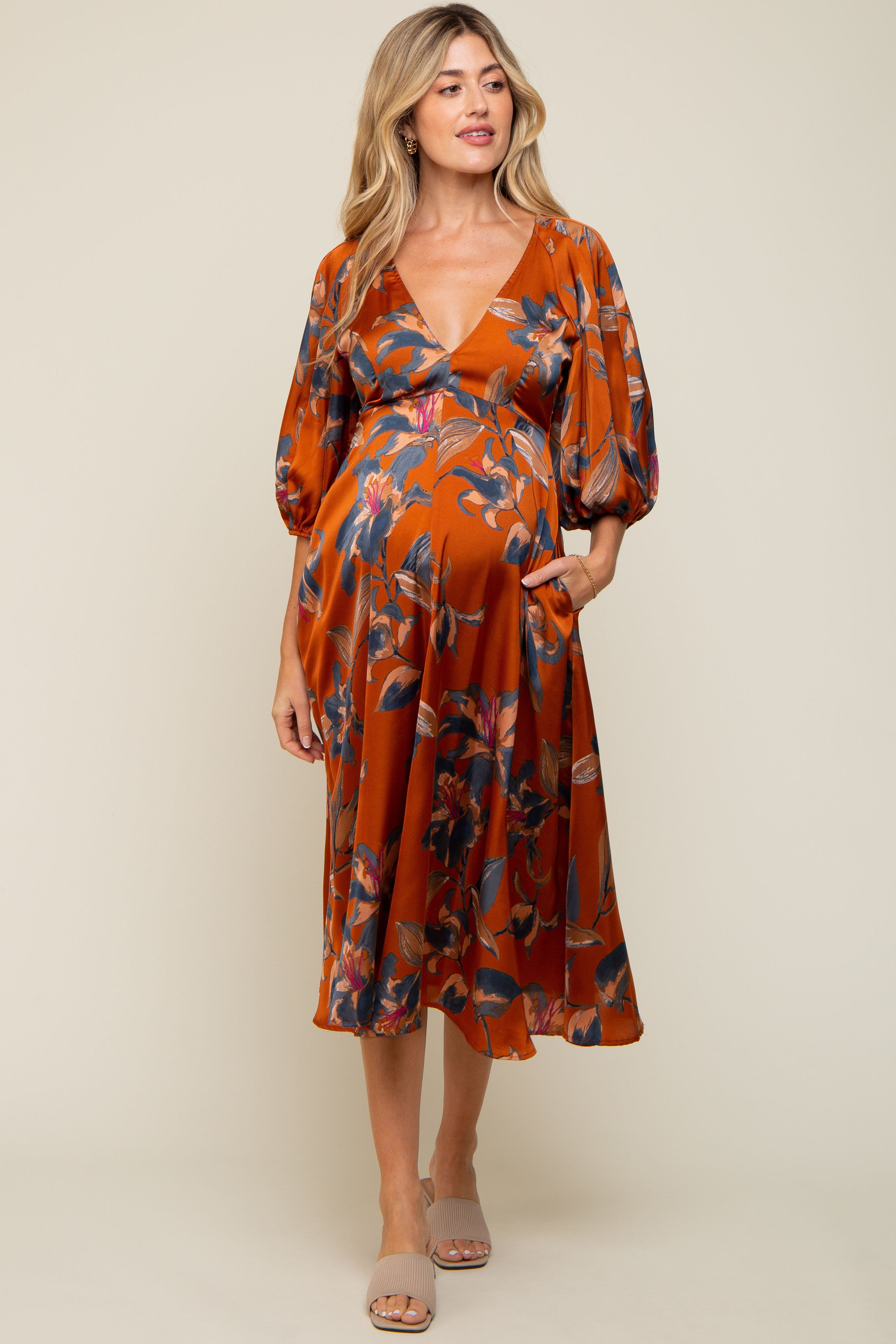 Rust Floral Satin Puff Sleeve Maternity Midi Dress sold by Pinkblush product image thumbnail 2