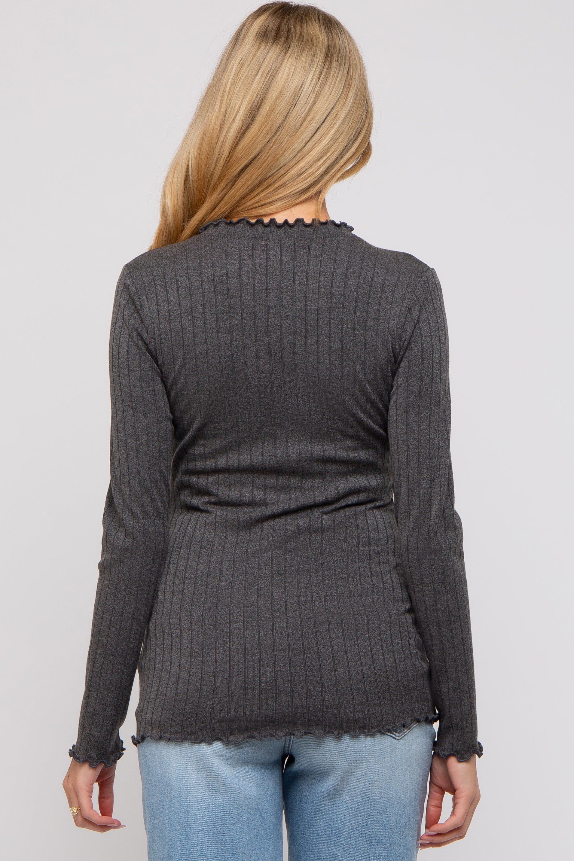 Charcoal Rib Knit Lettuce Trim Maternity Long Sleeve Top sold by Pinkblush product image thumbnail 3