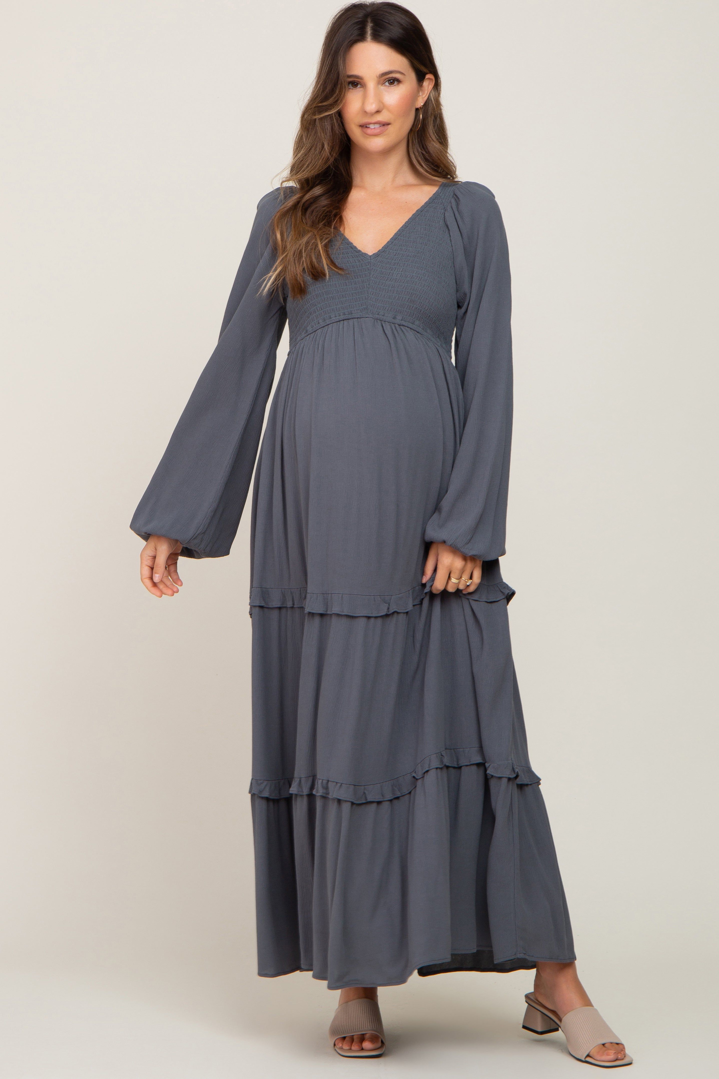 Charcoal Smocked Tiered Maternity Midi Dress sold by Pinkblush