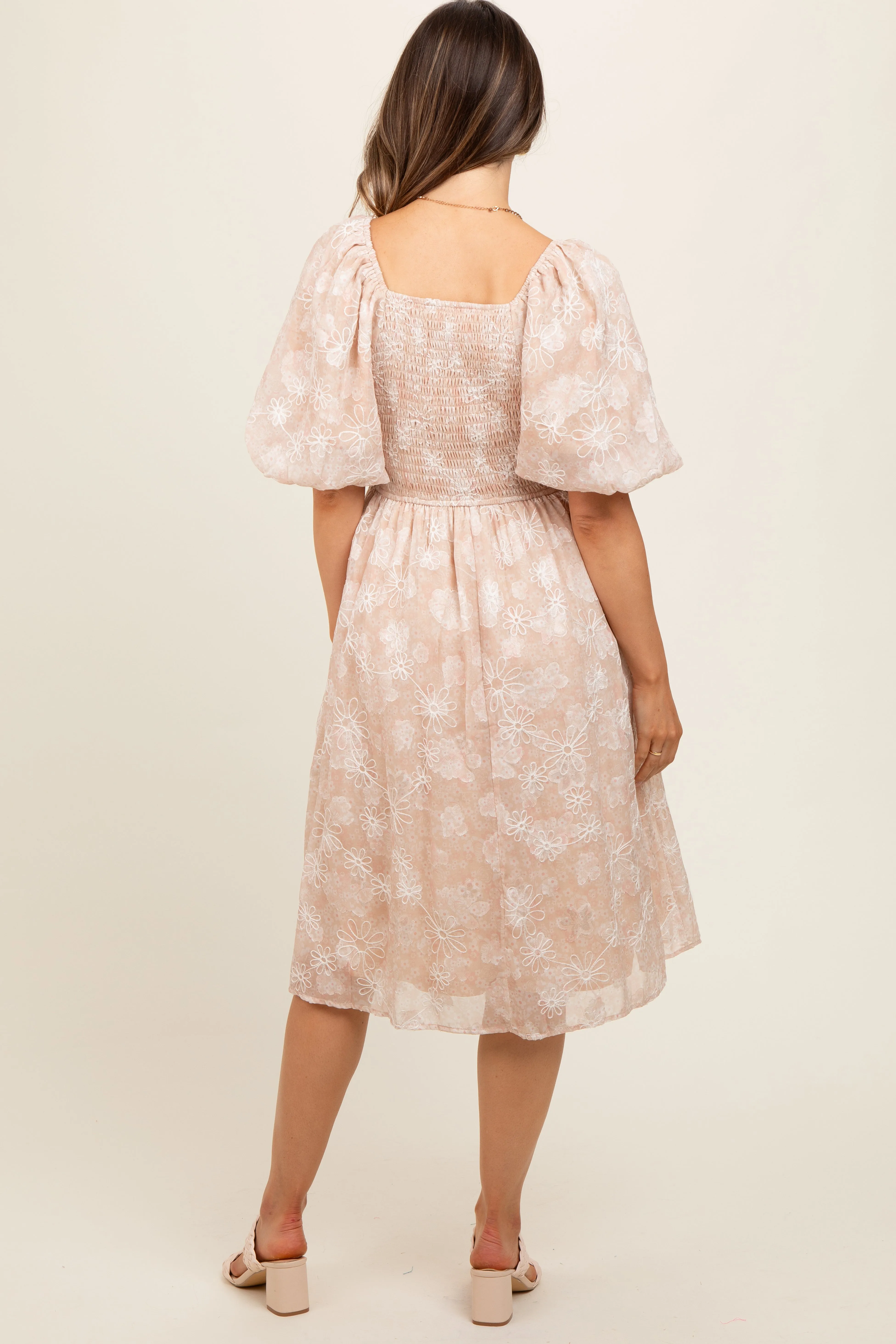 Beige Floral Embroidered Short Puff Sleeve Maternity Dress sold by Pinkblush product image thumbnail 4