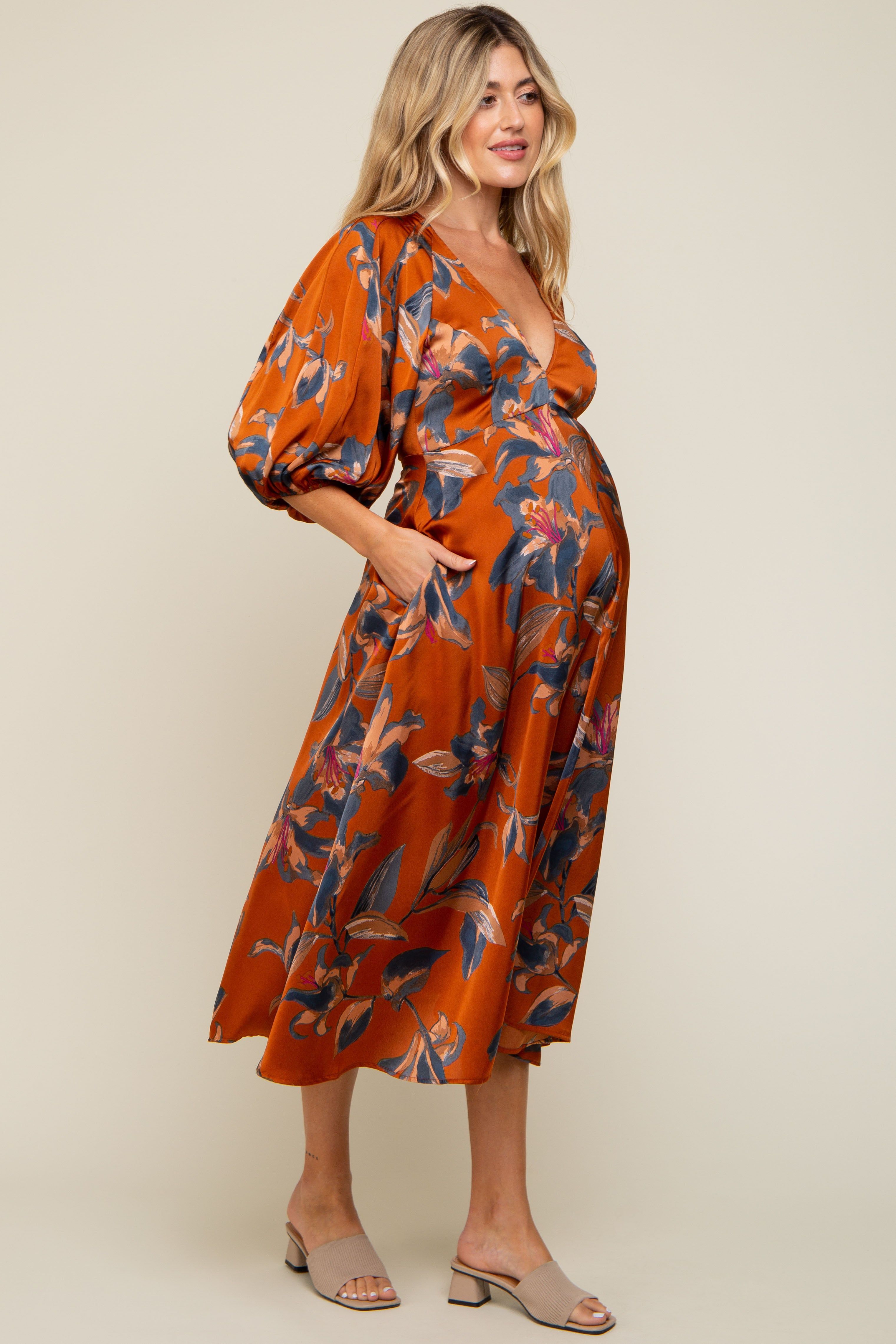 Rust Floral Satin Puff Sleeve Maternity Midi Dress sold by Pinkblush product image thumbnail 3