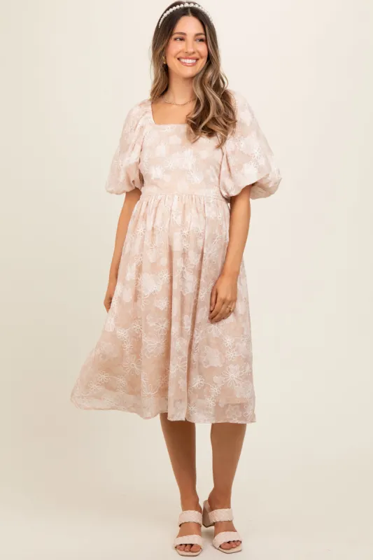Beige Floral Embroidered Short Puff Sleeve Maternity Dress sold by Pinkblush