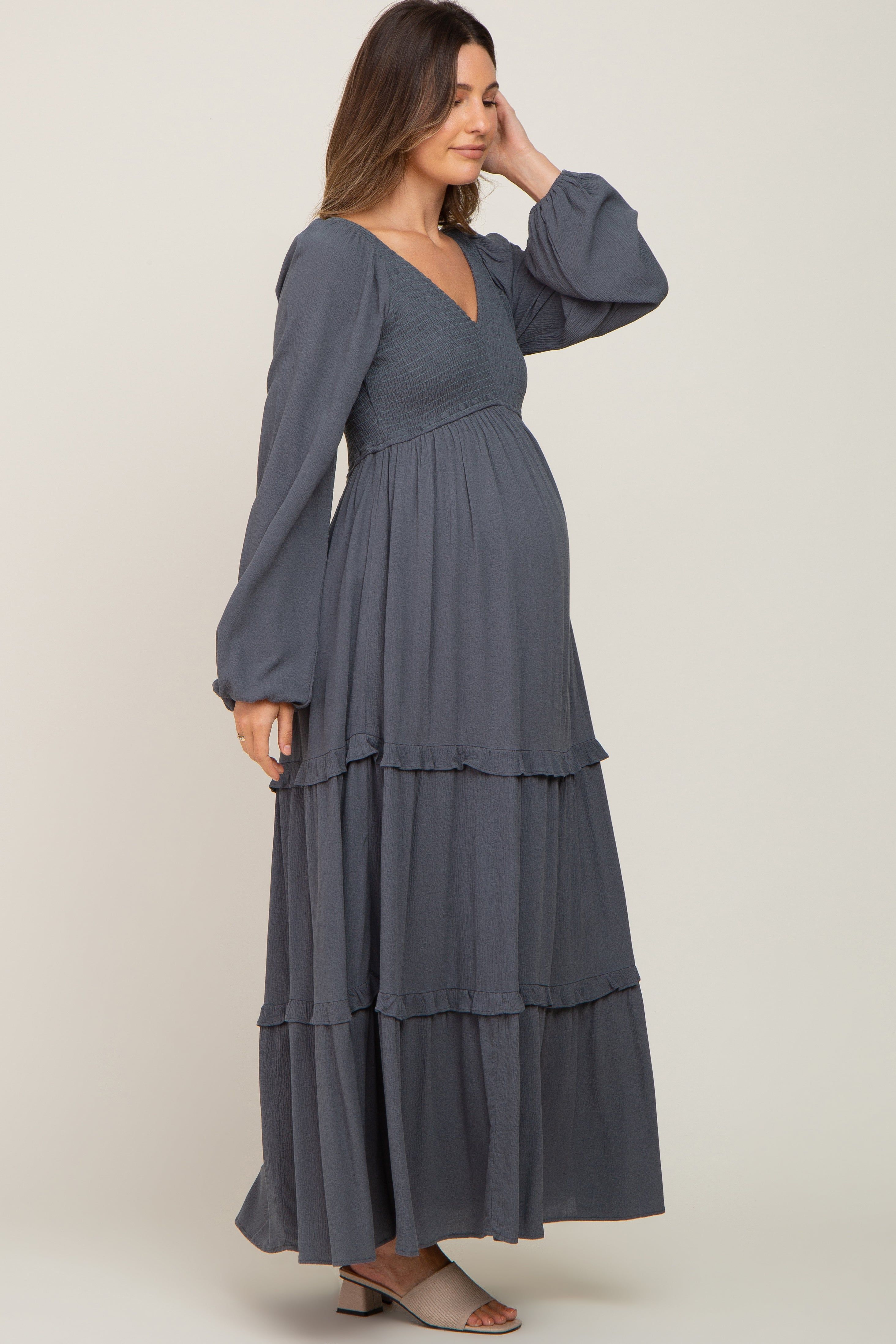 Charcoal Smocked Tiered Maternity Midi Dress sold by Pinkblush product image thumbnail 2