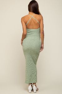 Light Olive Textured Ribbed Square Neck Criss Cross Back Maternity Midi Dress sold by Pinkblush