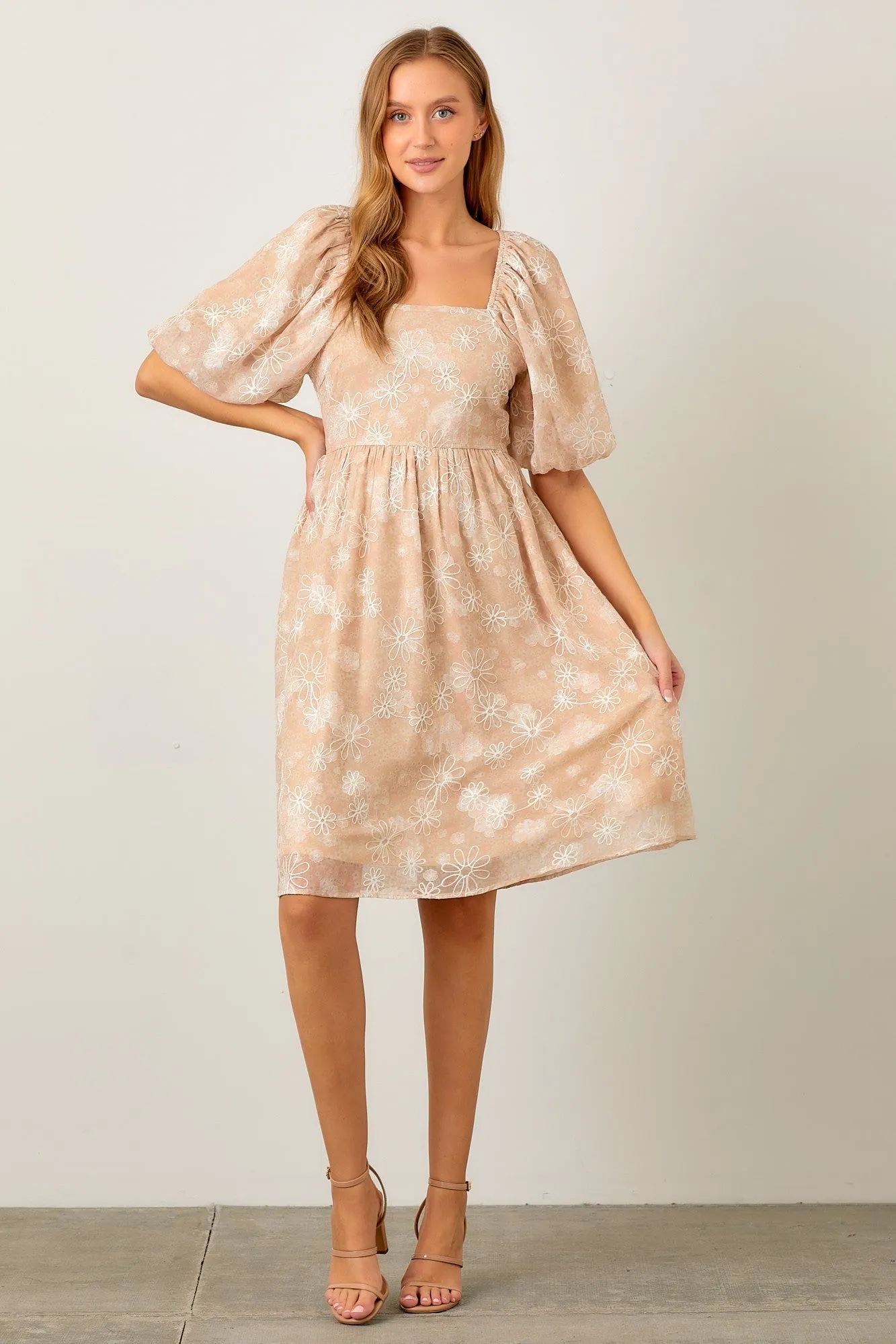 Beige Floral Embroidered Short Puff Sleeve Maternity Dress sold by Pinkblush product image thumbnail 5