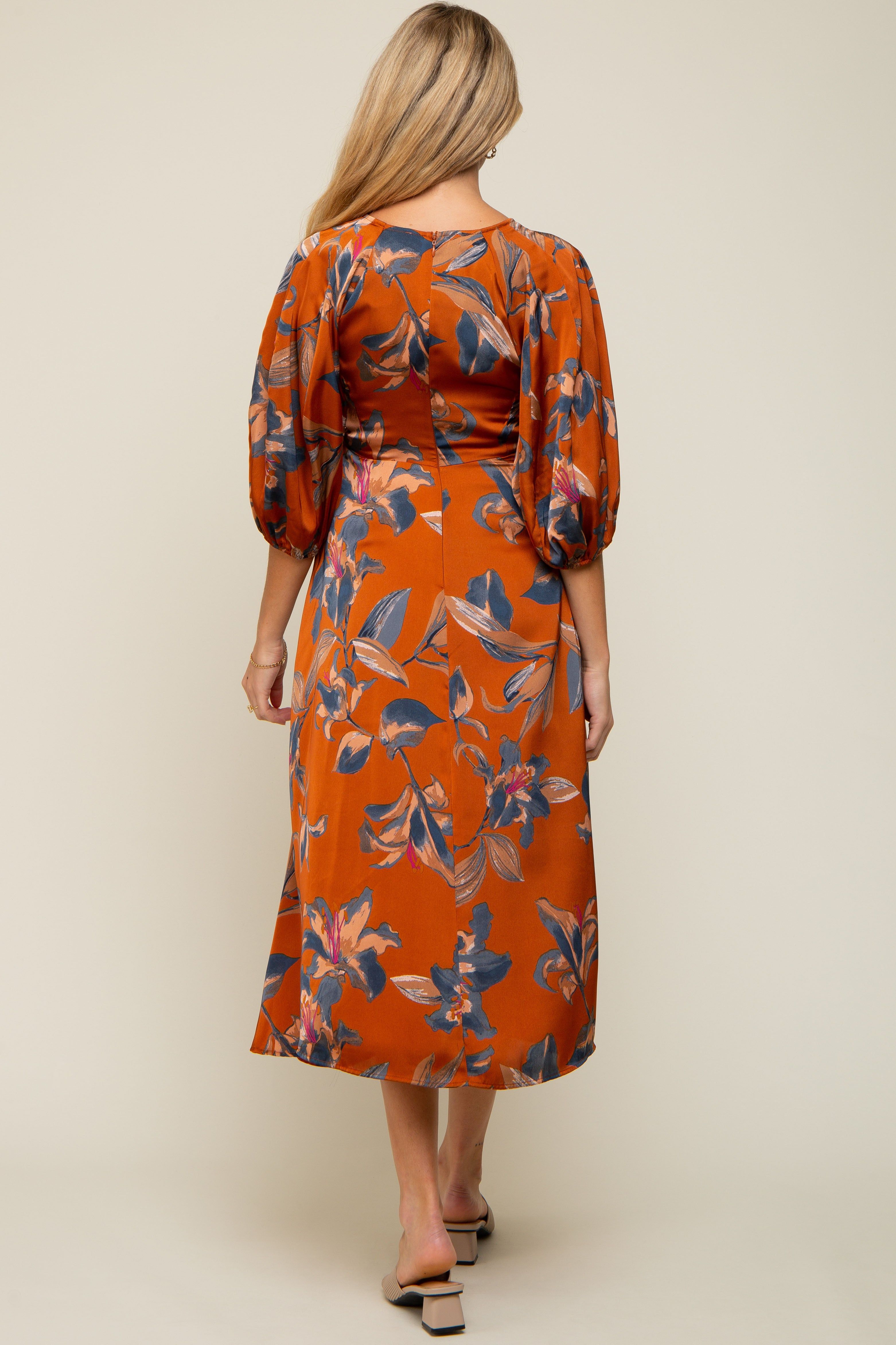 Rust Floral Satin Puff Sleeve Maternity Midi Dress sold by Pinkblush product image thumbnail 4