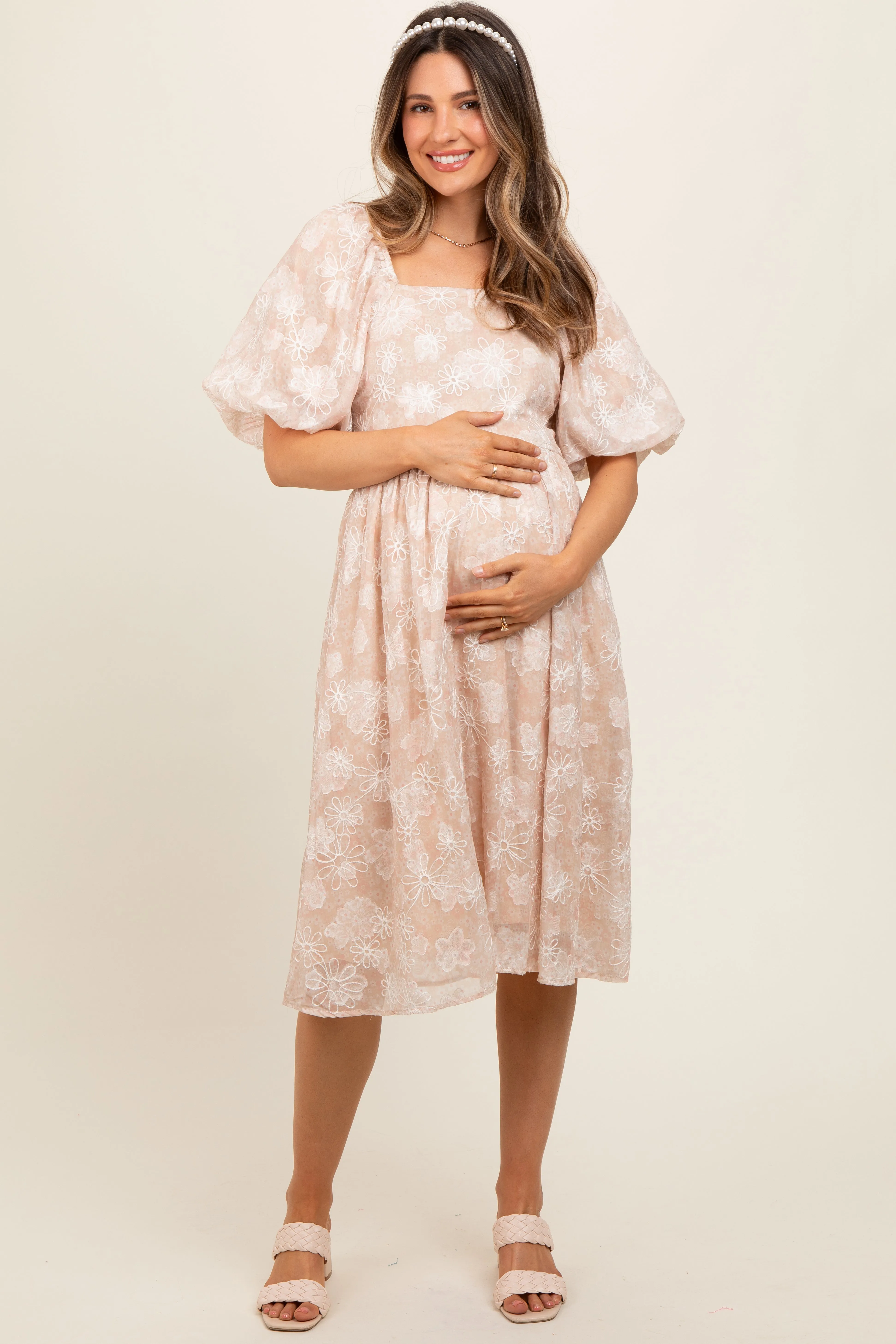 Beige Floral Embroidered Short Puff Sleeve Maternity Dress sold by Pinkblush product image thumbnail 2