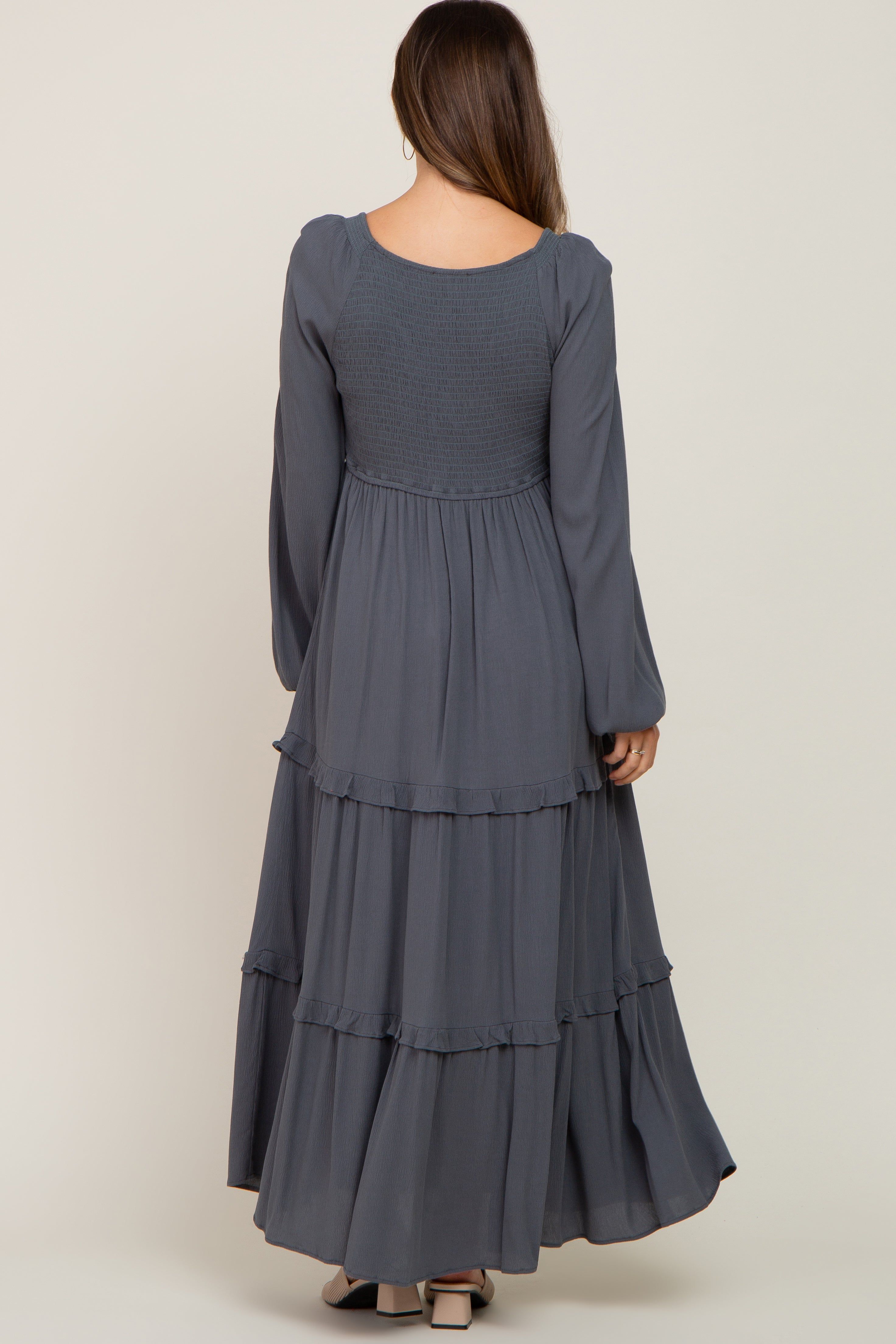 Charcoal Smocked Tiered Maternity Midi Dress sold by Pinkblush product image thumbnail 3