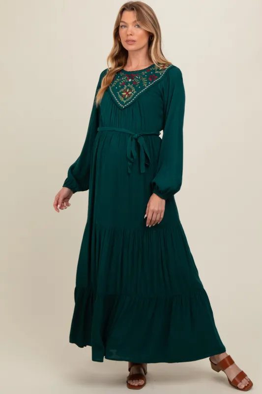 Dark Teal Embroidered Maternity Tiered Maxi Dress sold by Pinkblush