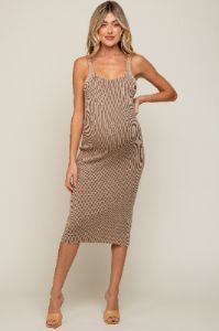 Beige Rib Knit Lace Up Back Maternity Midi Dress sold by Pinkblush
