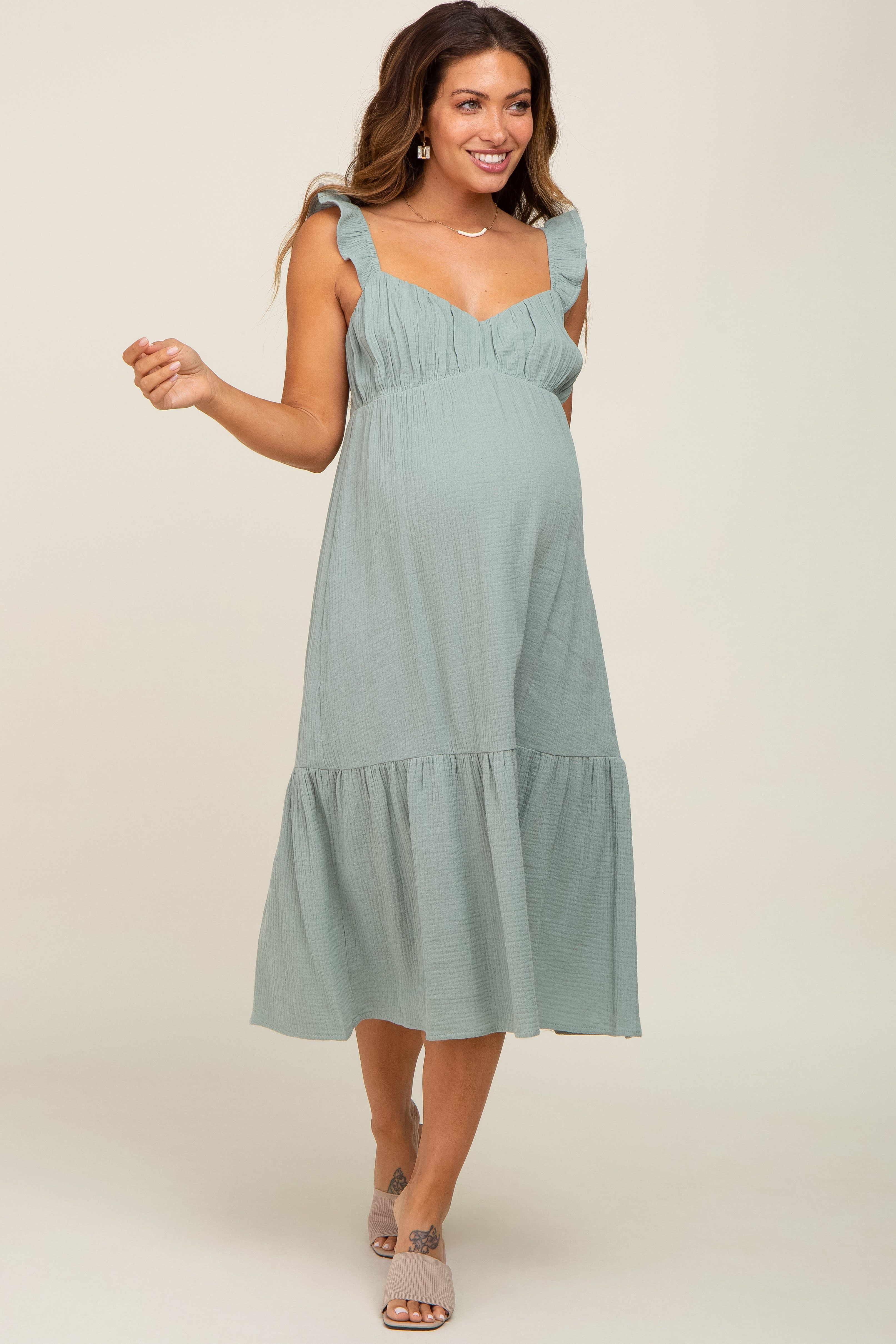Sage Gauze Ruffle Maternity Midi Dress sold by Pinkblush