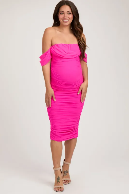 Fuchsia Off Shoulder Sleeveless Ruched Mesh Maternity Midi Dress sold by Pinkblush