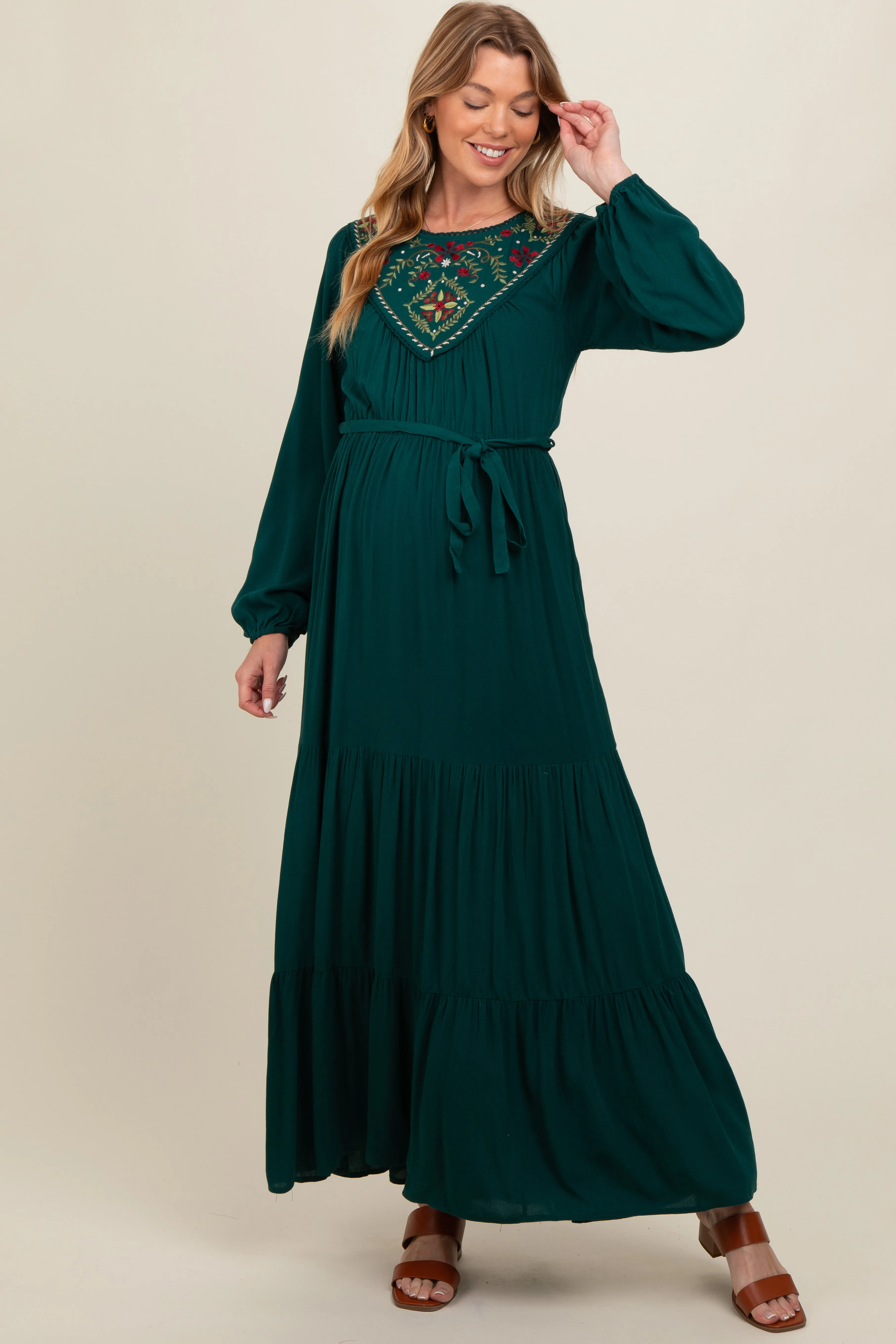 Dark Teal Embroidered Maternity Tiered Maxi Dress sold by Pinkblush product image thumbnail 2