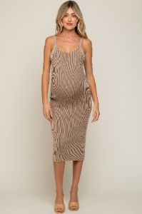 Beige Rib Knit Lace Up Back Maternity Midi Dress sold by Pinkblush