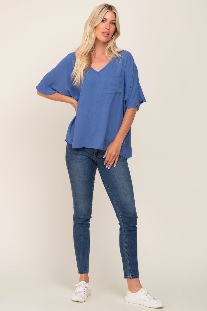 Blue Oversized V-Neck Pocket Front Blouse sold by Pinkblush product image thumbnail 4