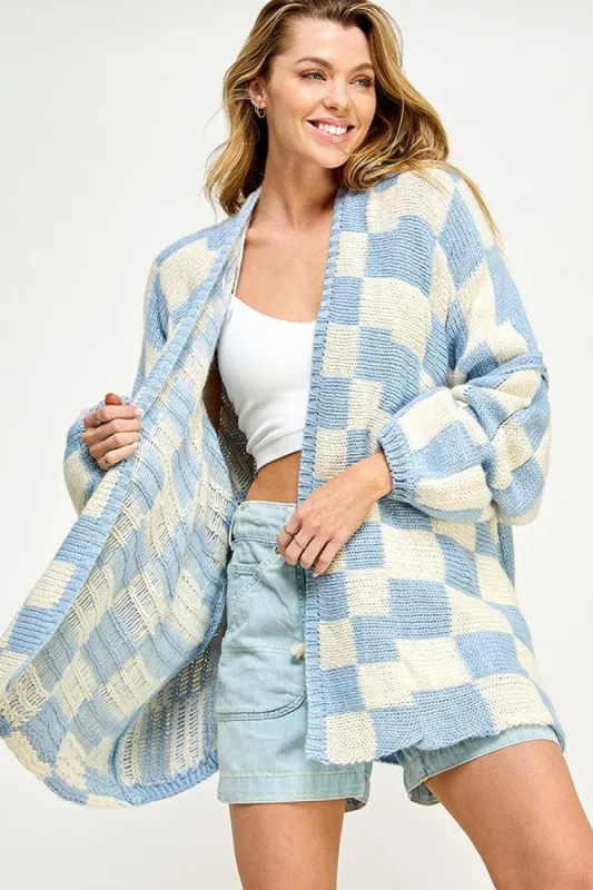 Light Blue Checkered Print Oversized Cardigan sold by Pinkblush
