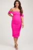 Fuchsia Off Shoulder Sleeveless Ruched Mesh Maternity Midi Dress sold by Pinkblush