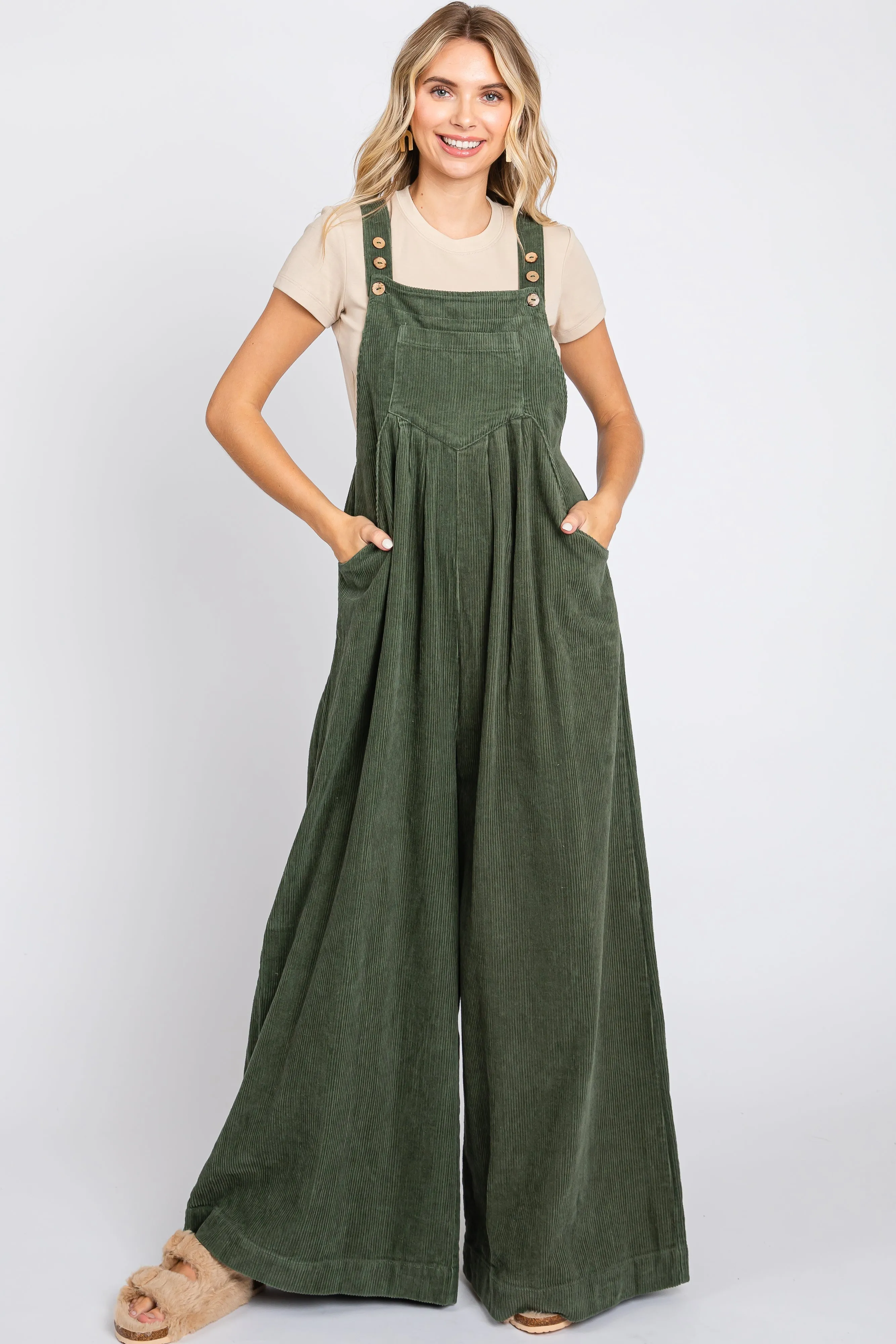 Olive Corduroy Front Pleated Wide Leg Overalls sold by Pinkblush