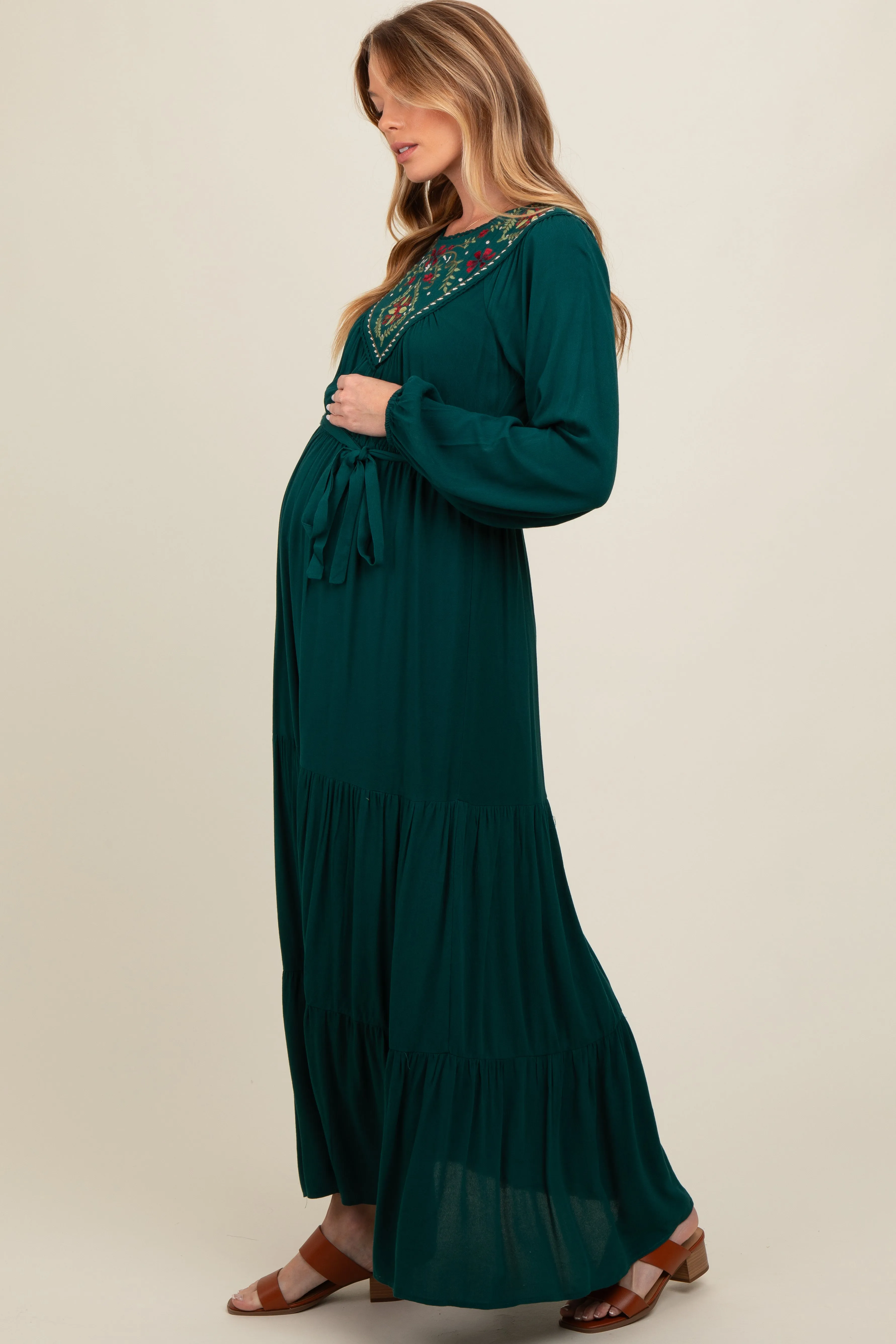 Dark Teal Embroidered Maternity Tiered Maxi Dress sold by Pinkblush product image thumbnail 3