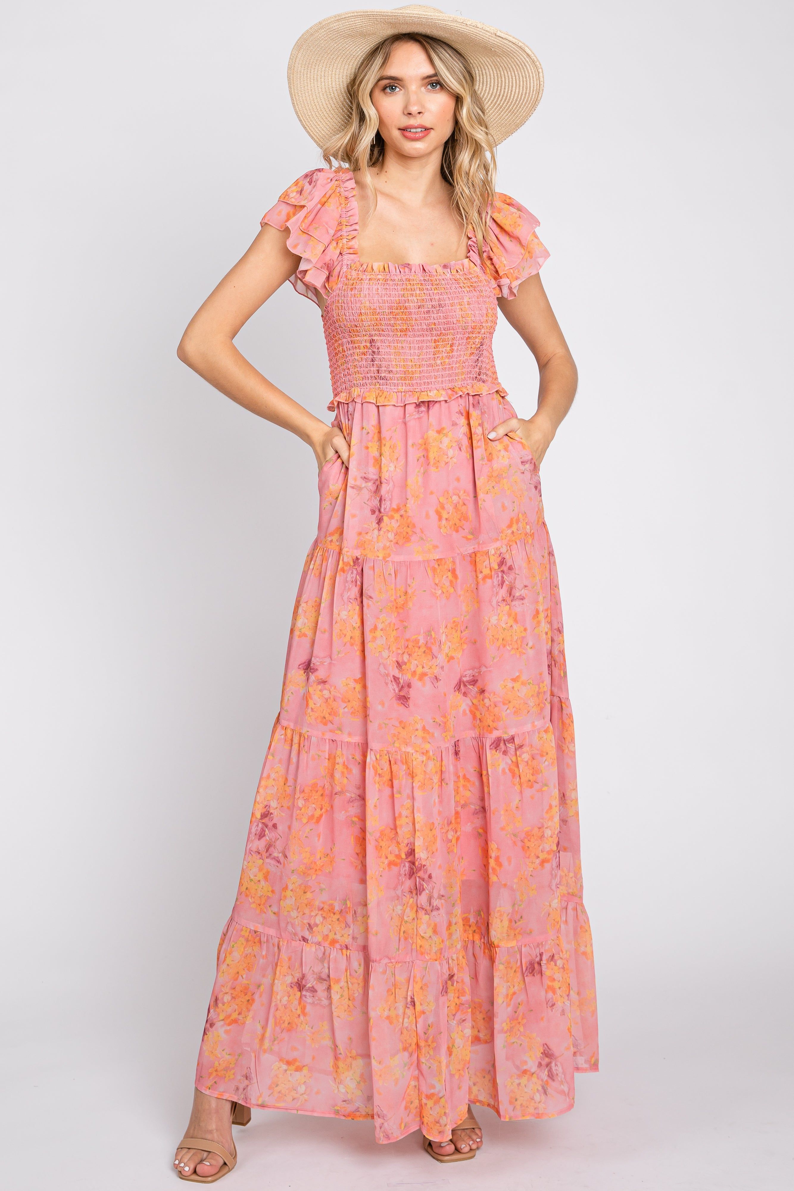 Pink Floral Ruffle Tiered Maxi Dress sold by Pinkblush