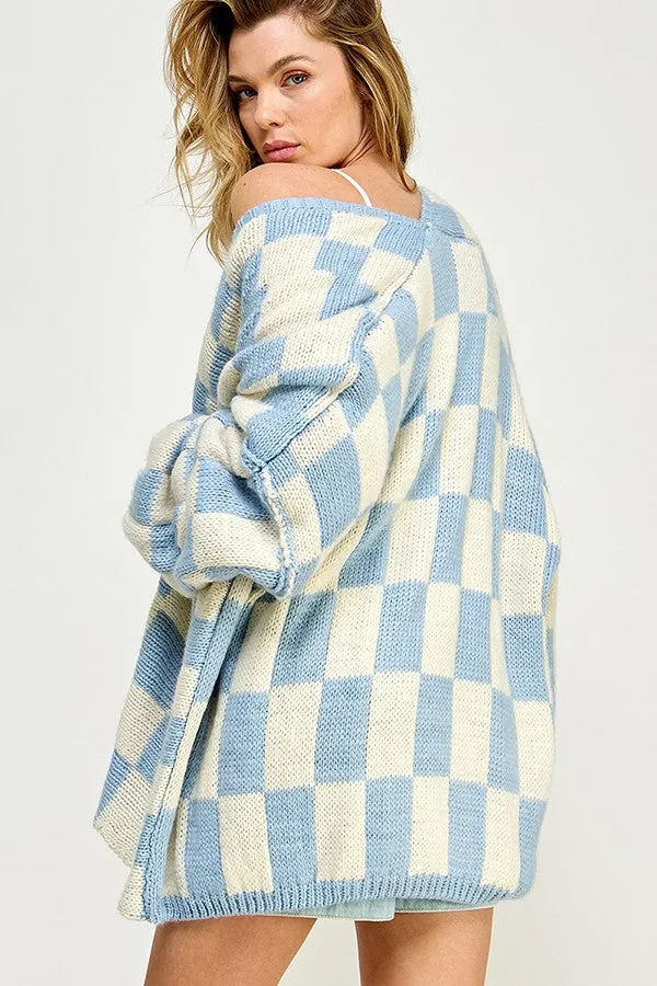 Light Blue Checkered Print Oversized Cardigan sold by Pinkblush product image thumbnail 2