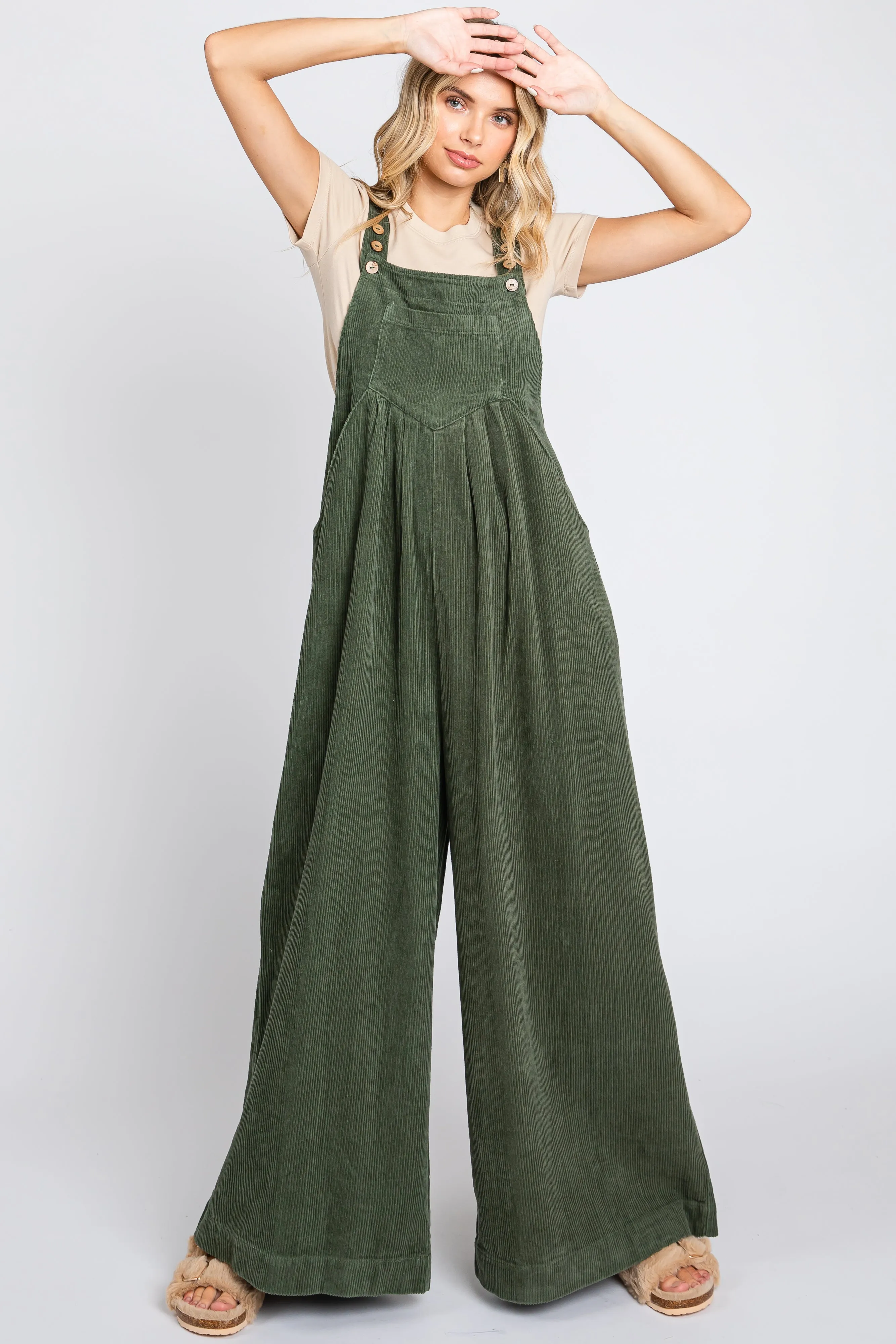 Olive Corduroy Front Pleated Wide Leg Overalls sold by Pinkblush product image thumbnail 5