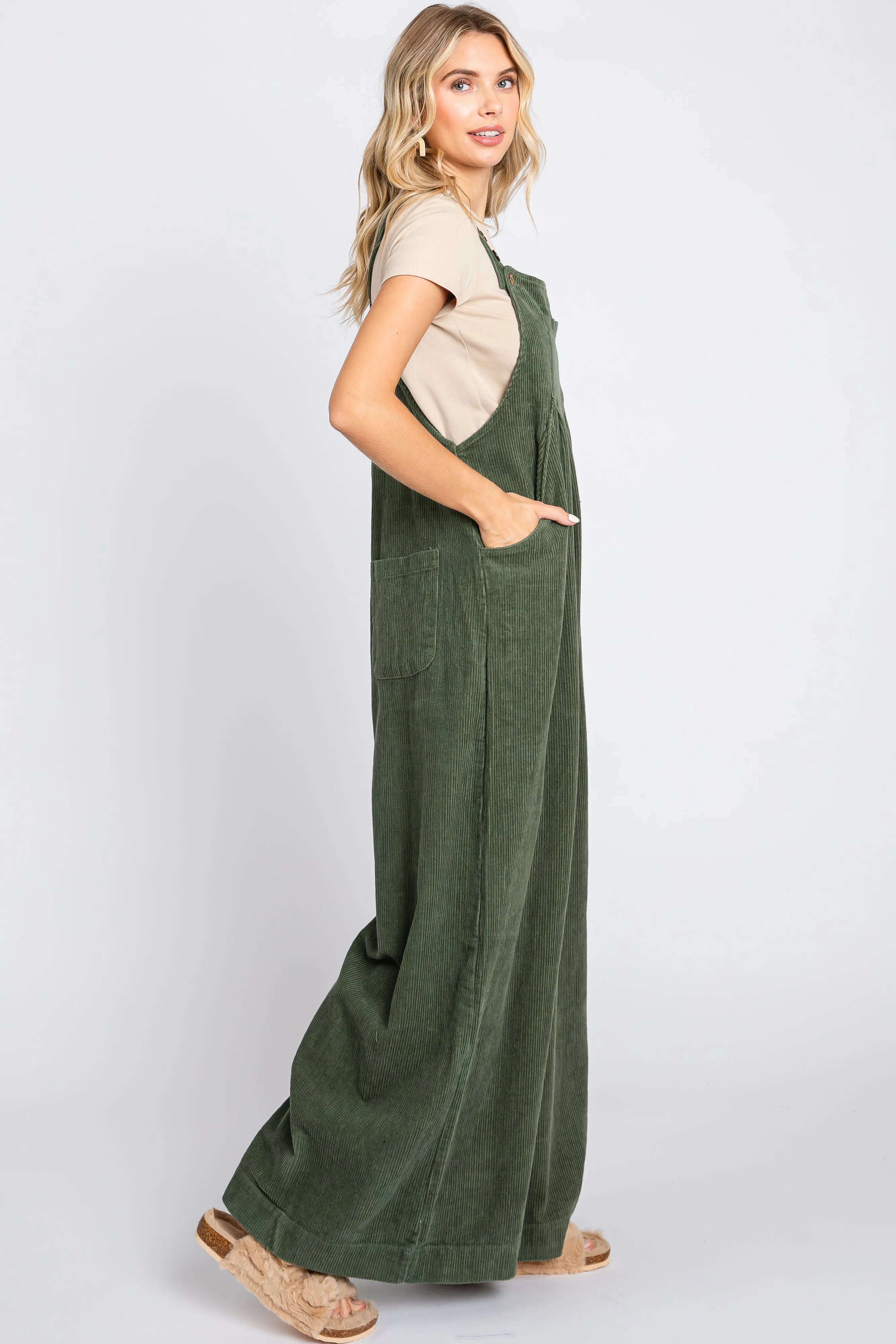Olive Corduroy Front Pleated Wide Leg Overalls sold by Pinkblush product image thumbnail 2