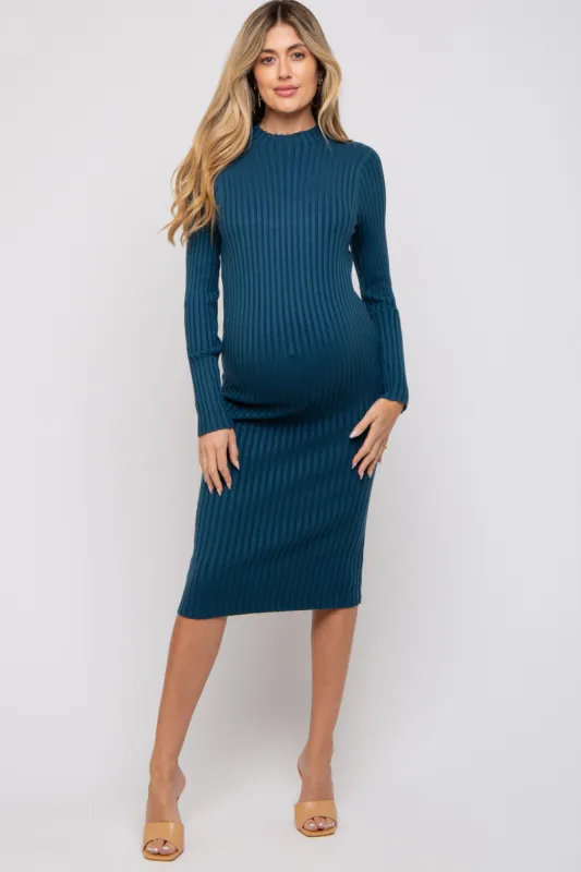 Teal Ribbed Mock Neck Maternity Sweater Dress sold by Pinkblush
