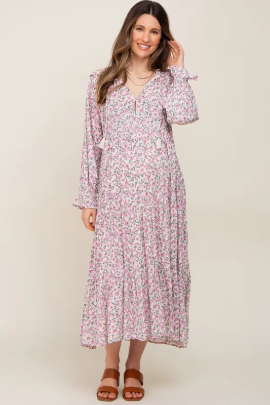 Pink Floral Front Tie Long Sleeve Tiered Maternity Midi Dress sold by Pinkblush