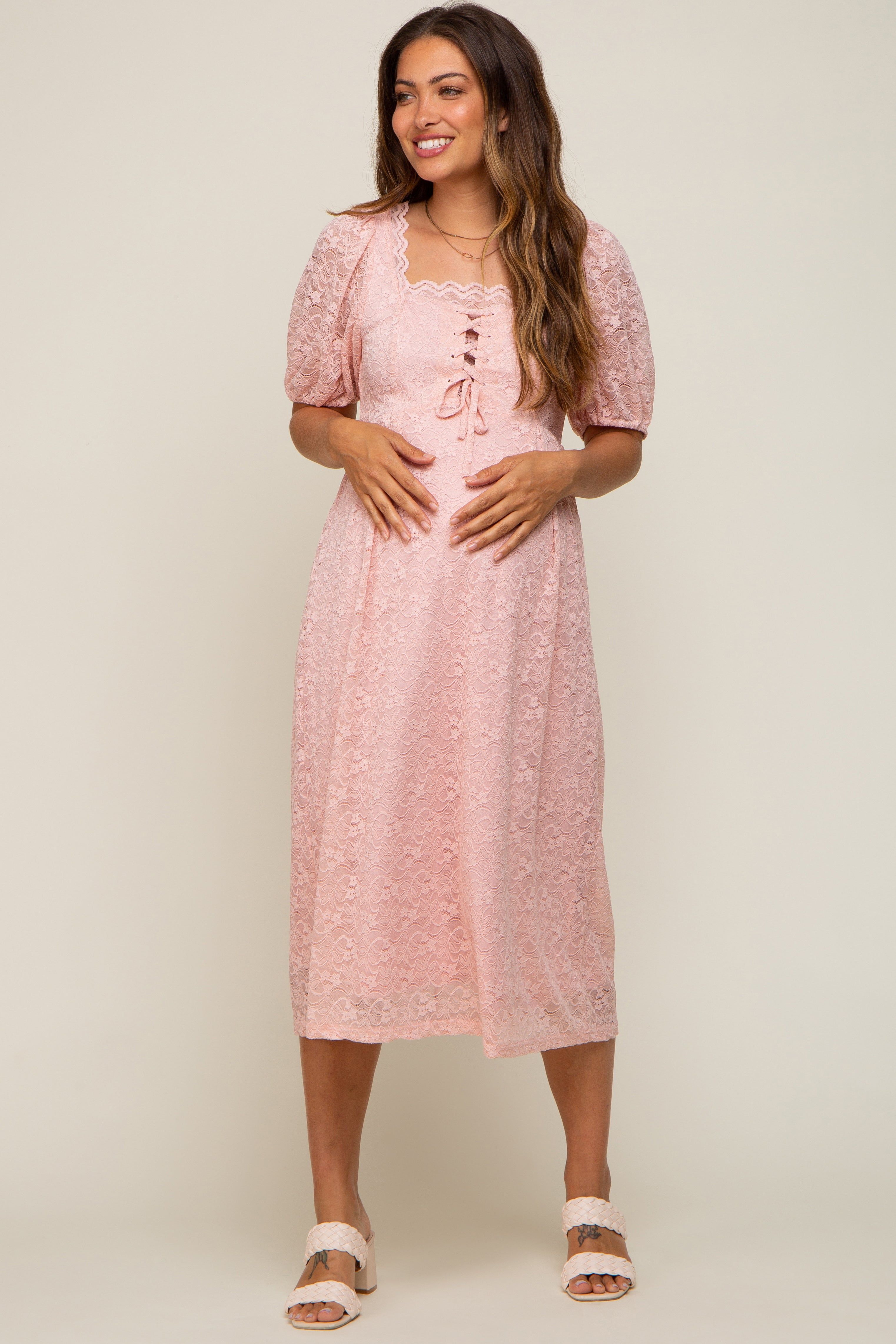 Light Pink Lace Cutout Maternity Midi Dress sold by Pinkblush