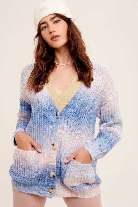 Navy Multi Gradation Button Down Knit Cardigan Sweater sold by Pinkblush