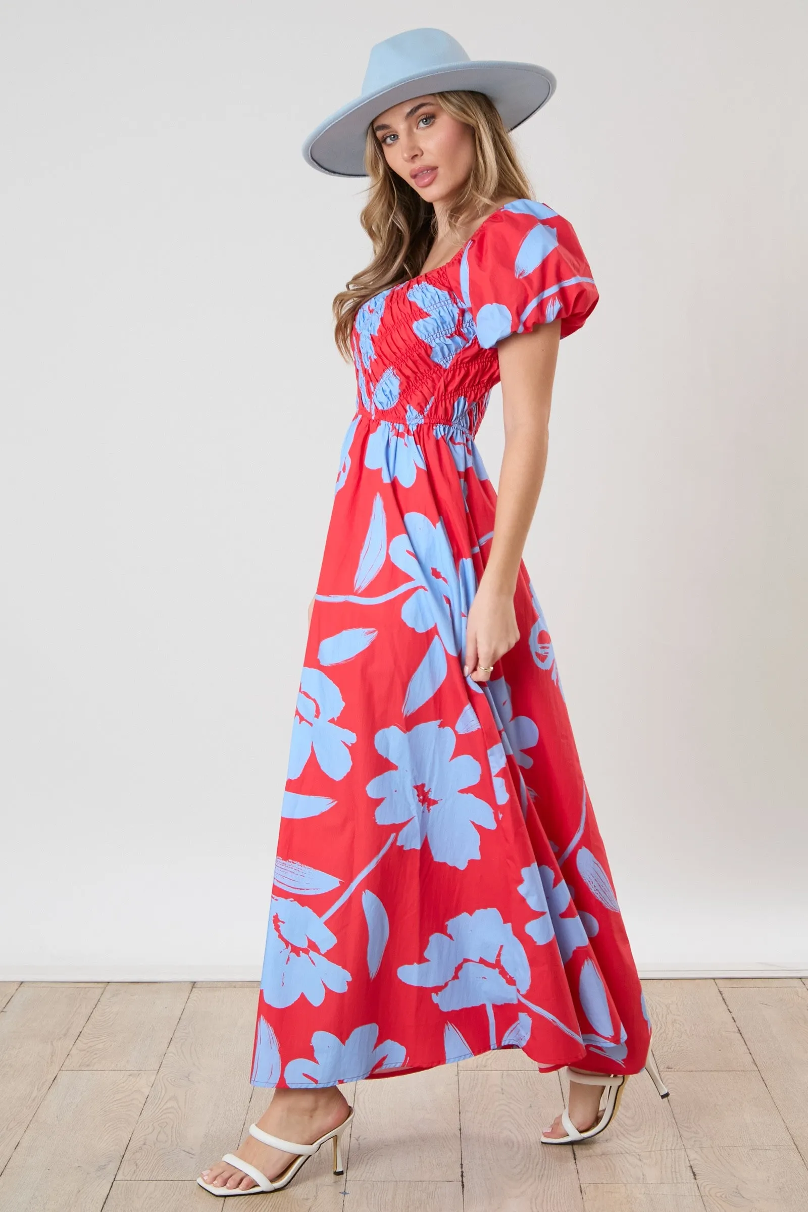 Red Floral Print Bias Smocked Bust Maxi Dress sold by Pinkblush product image thumbnail 2