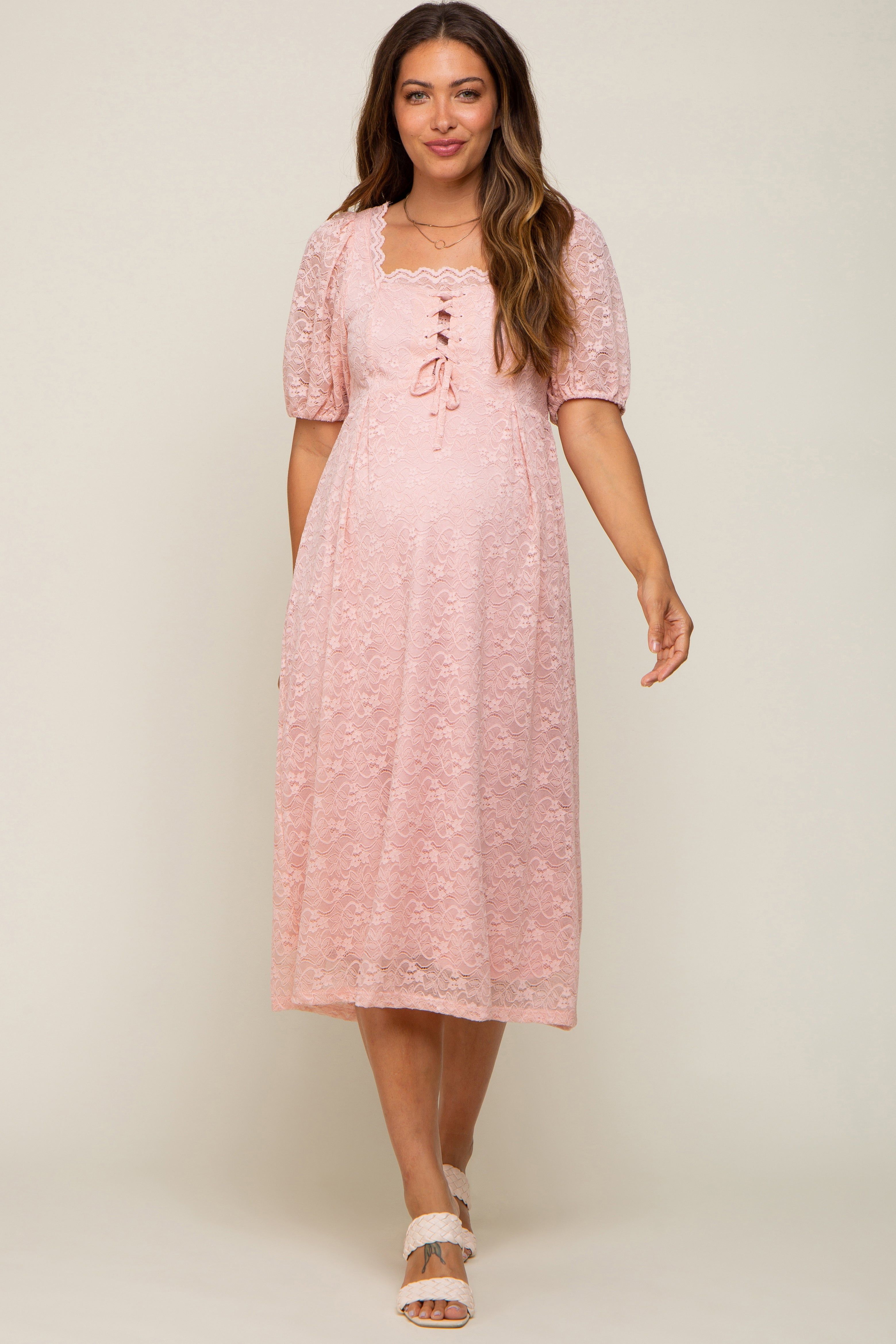 Light Pink Lace Cutout Maternity Midi Dress sold by Pinkblush product image thumbnail 2