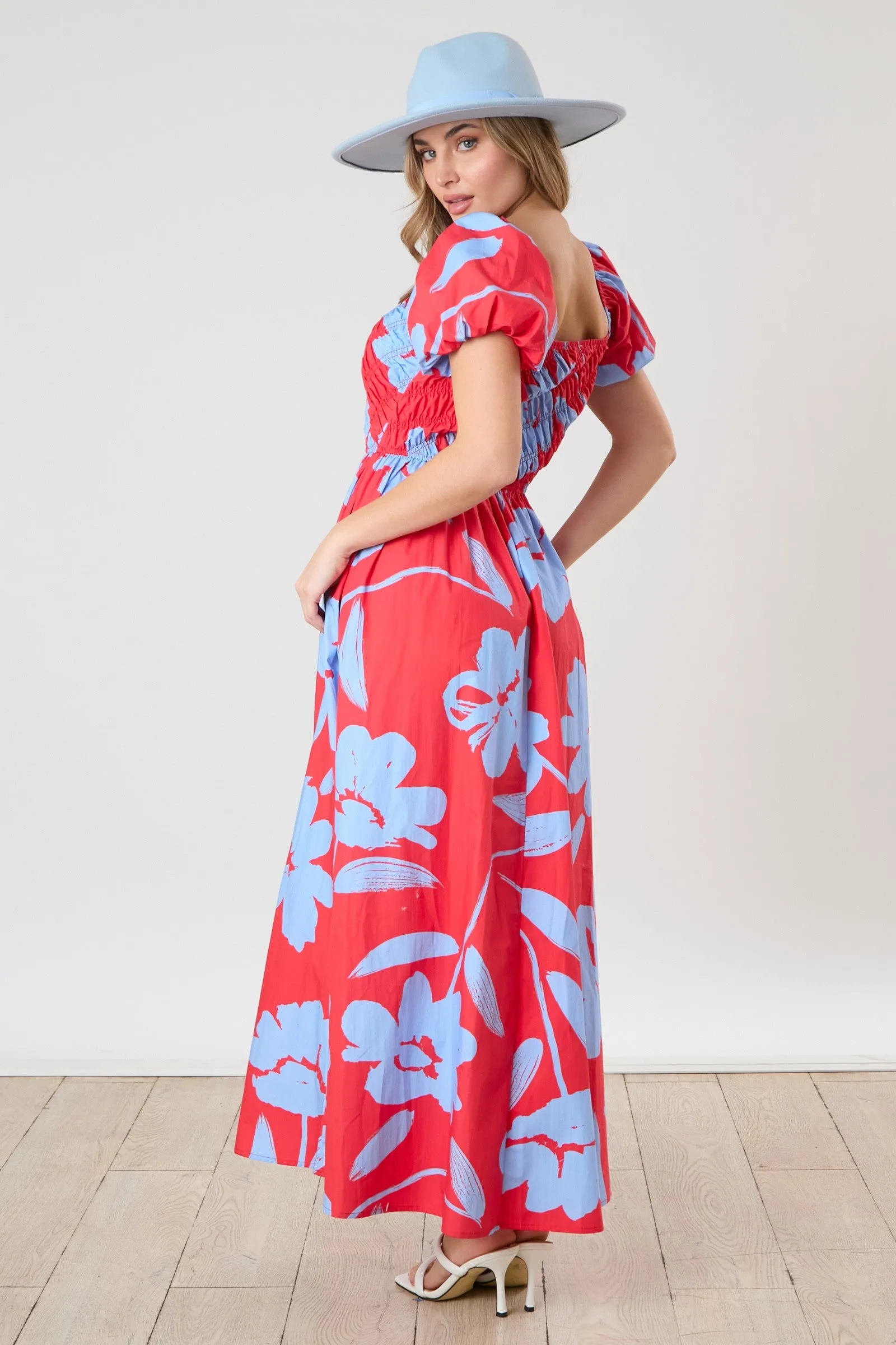 Red Floral Print Bias Smocked Bust Maxi Dress sold by Pinkblush product image thumbnail 3