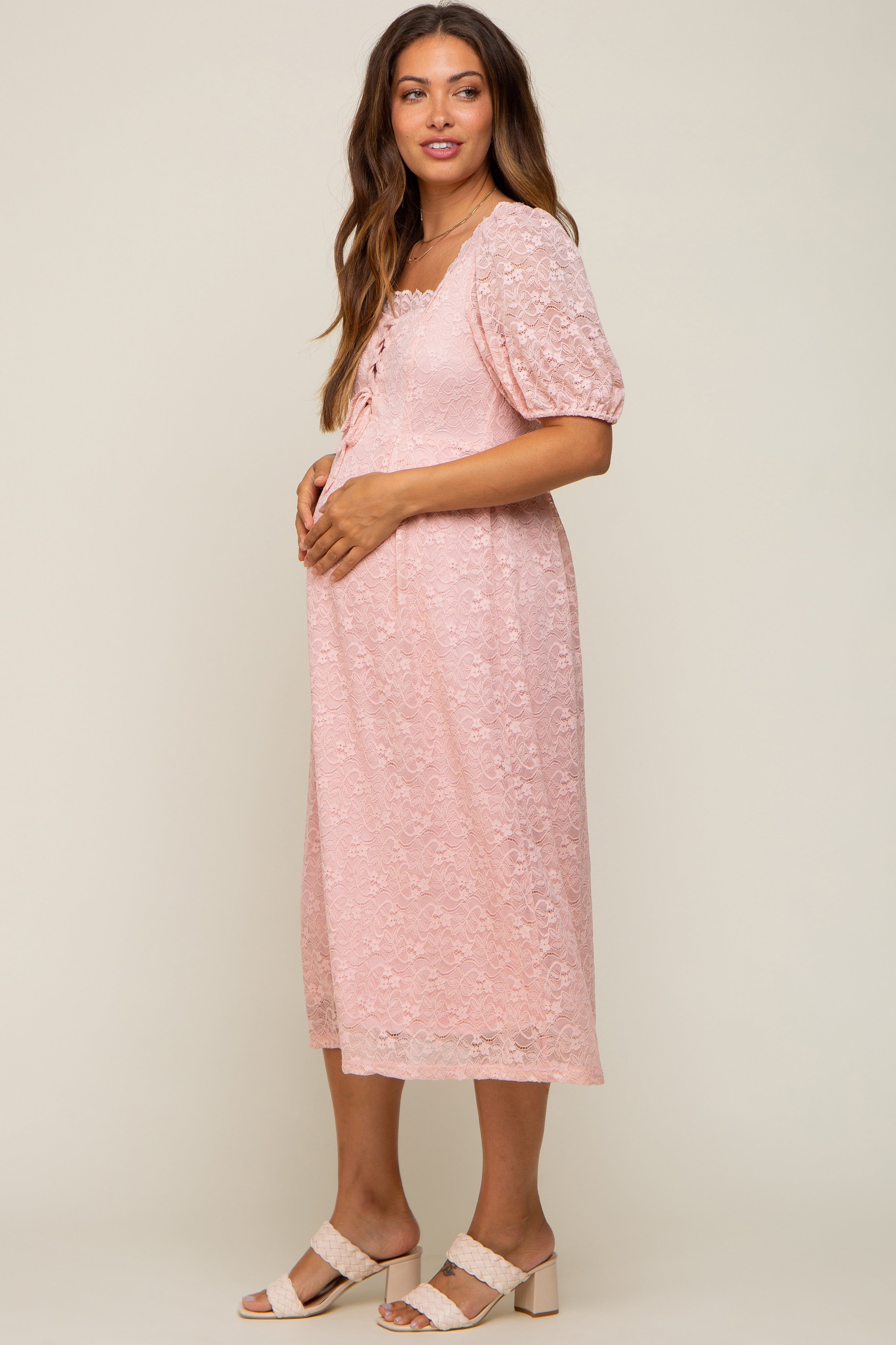 Light Pink Lace Cutout Maternity Midi Dress sold by Pinkblush product image thumbnail 3