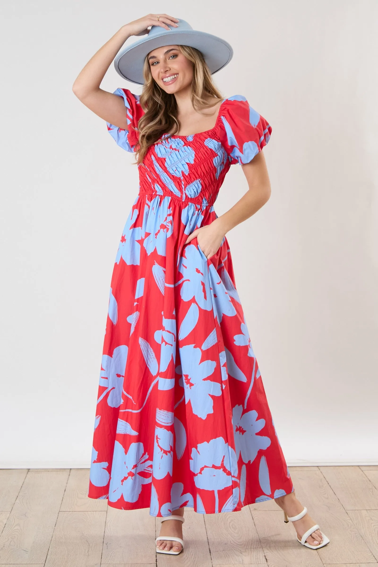 Red Floral Print Bias Smocked Bust Maxi Dress sold by Pinkblush