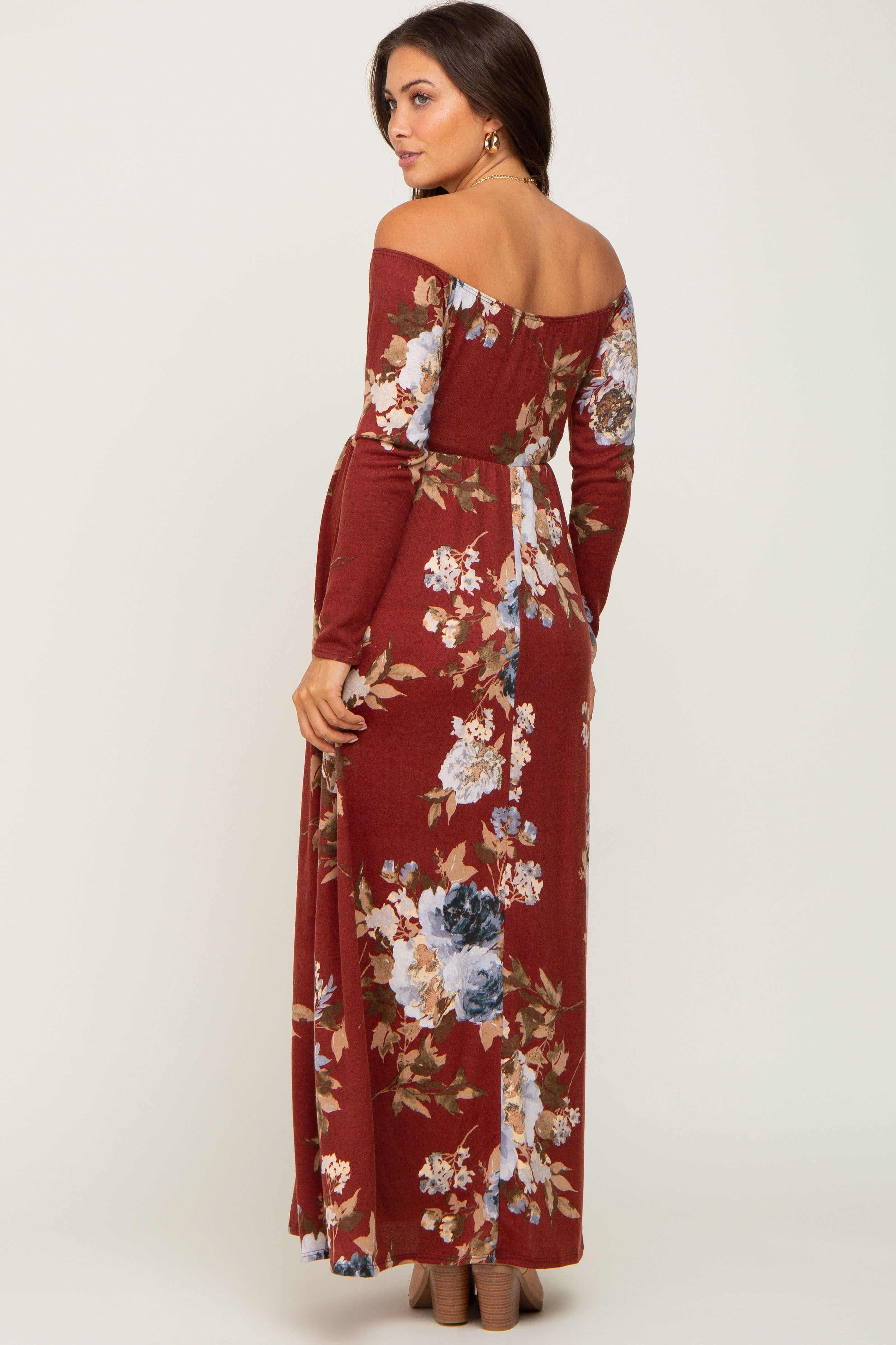 Burgundy Floral Off Shoulder Long Sleeve Maternity Maxi Dress sold by Pinkblush product image thumbnail 3