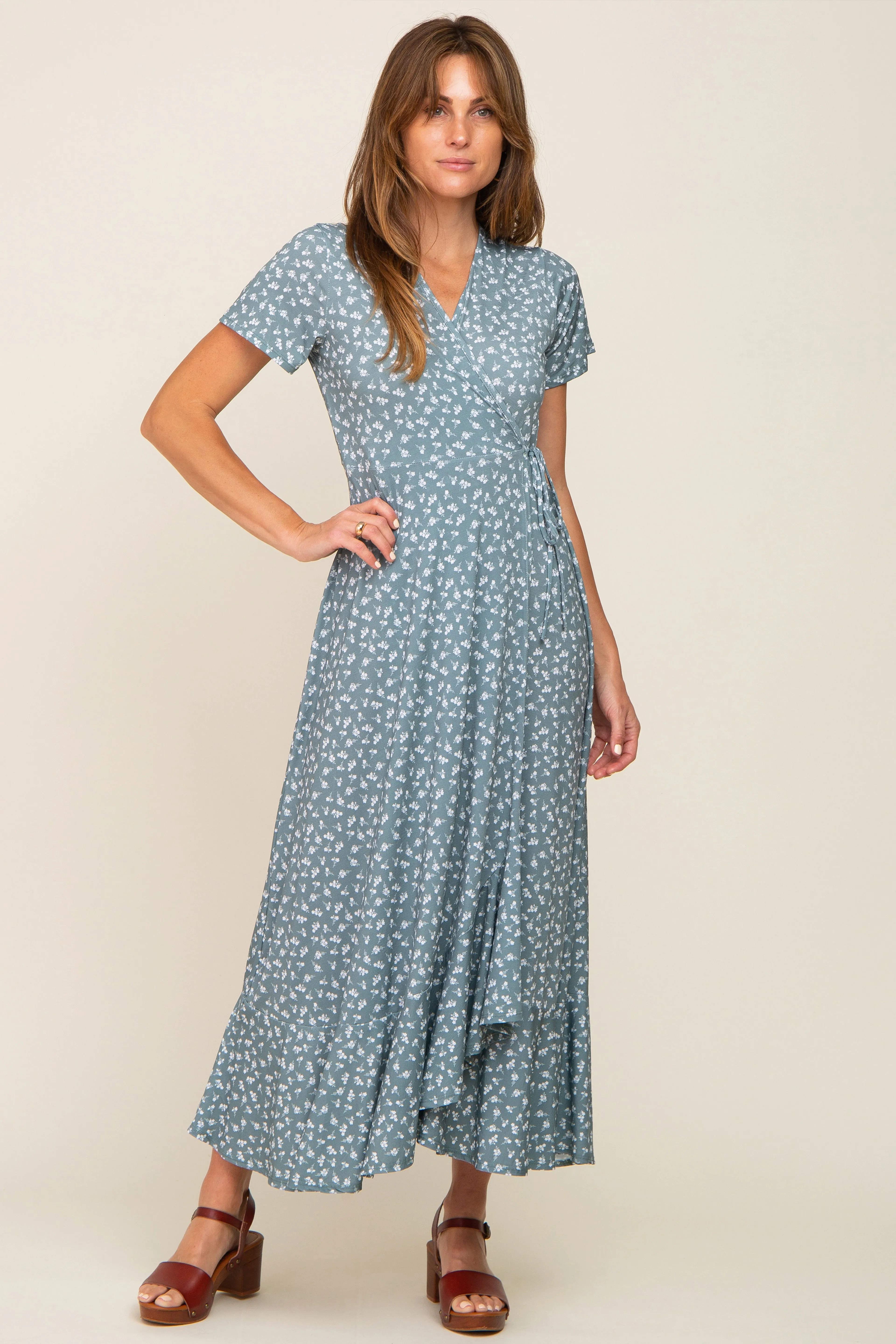 Light Olive Floral Wrap Front V-Neck Short Sleeve Midi Dress sold by Pinkblush