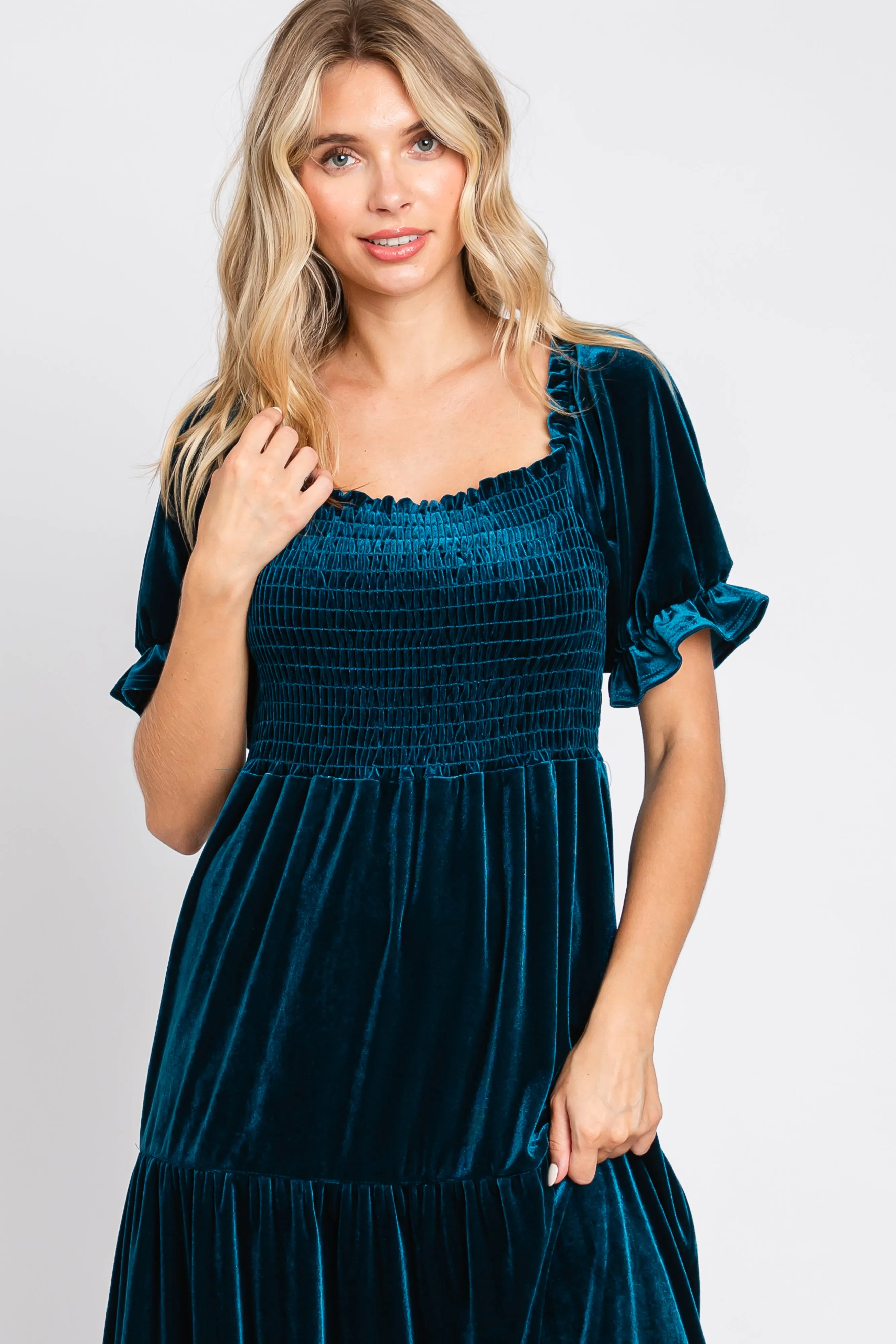 Teal Velvet Tiered Midi Dress sold by Pinkblush product image thumbnail 4