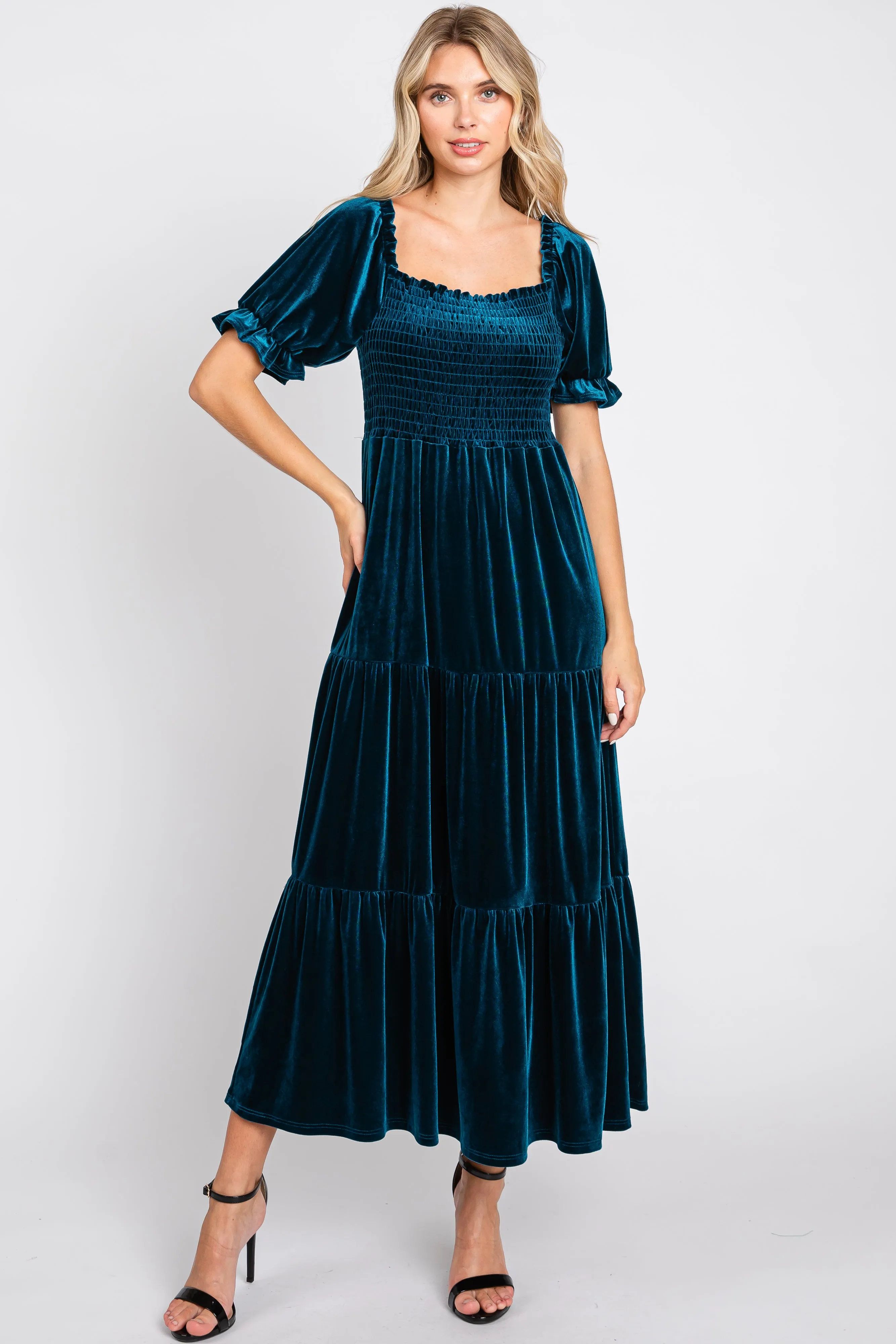 Teal Velvet Tiered Midi Dress sold by Pinkblush