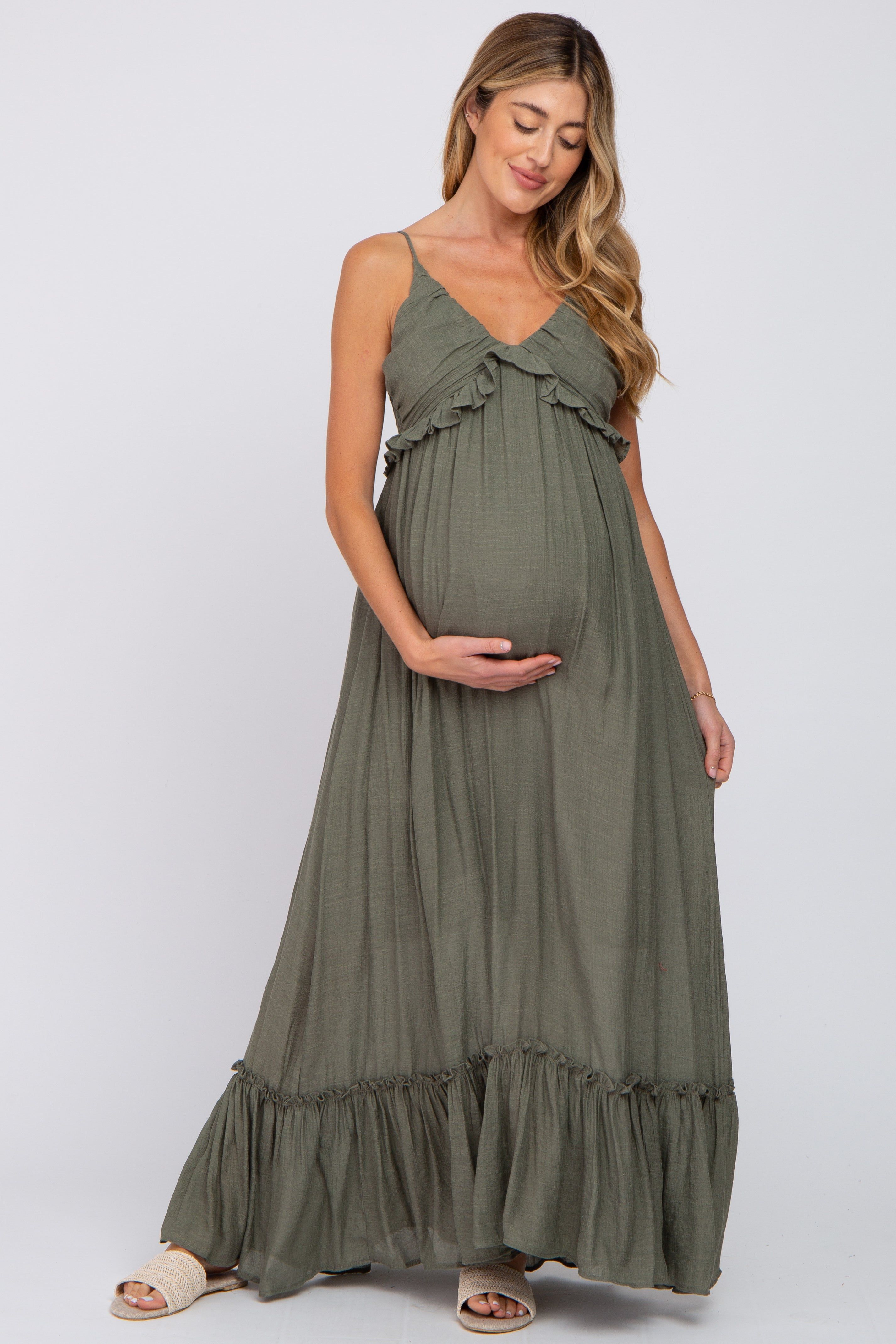 Olive Sleeveless Ruffle V-Neck Maternity Maxi Dress sold by Pinkblush