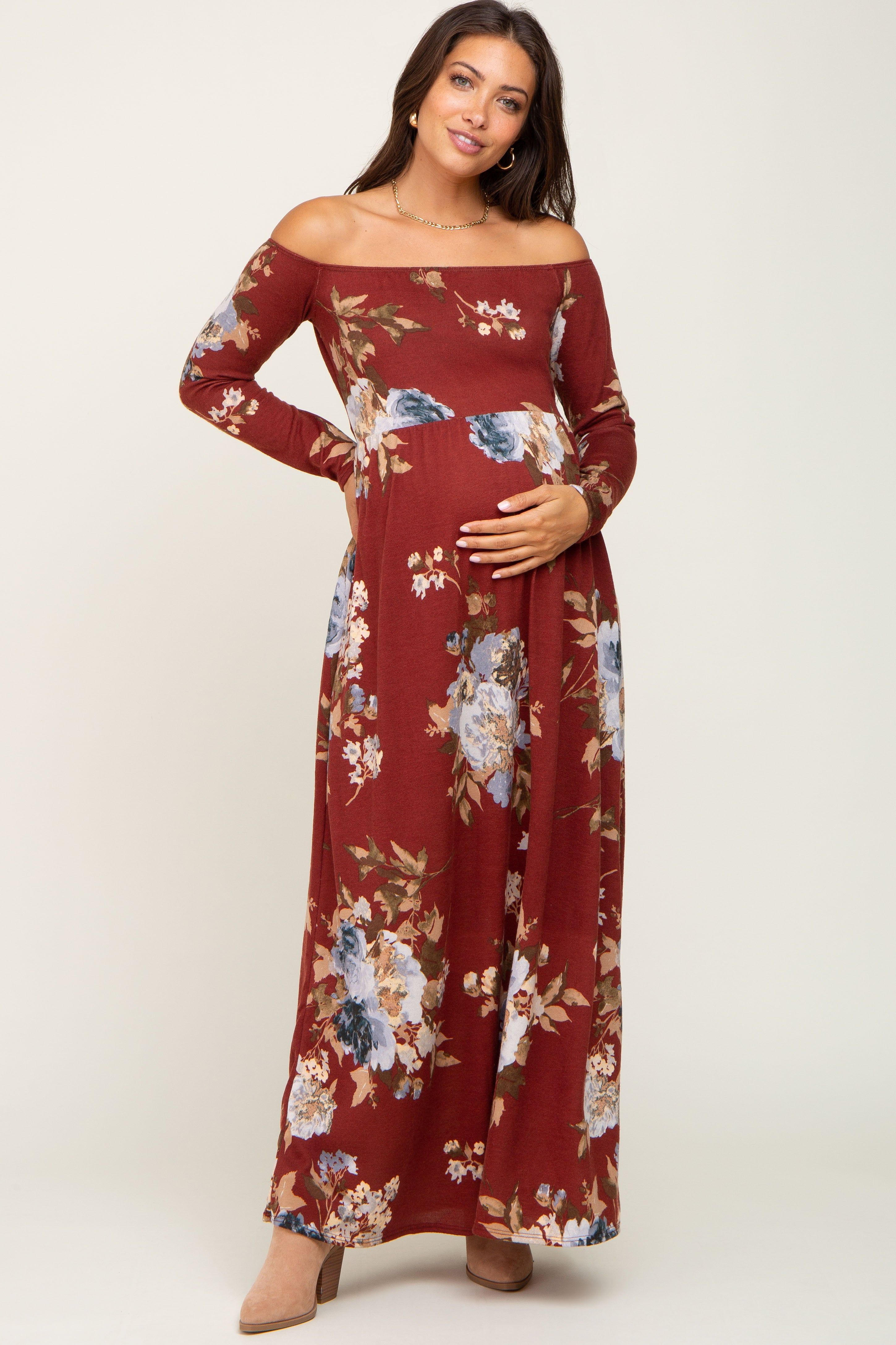 Burgundy Floral Off Shoulder Long Sleeve Maternity Maxi Dress sold by Pinkblush product image thumbnail 4