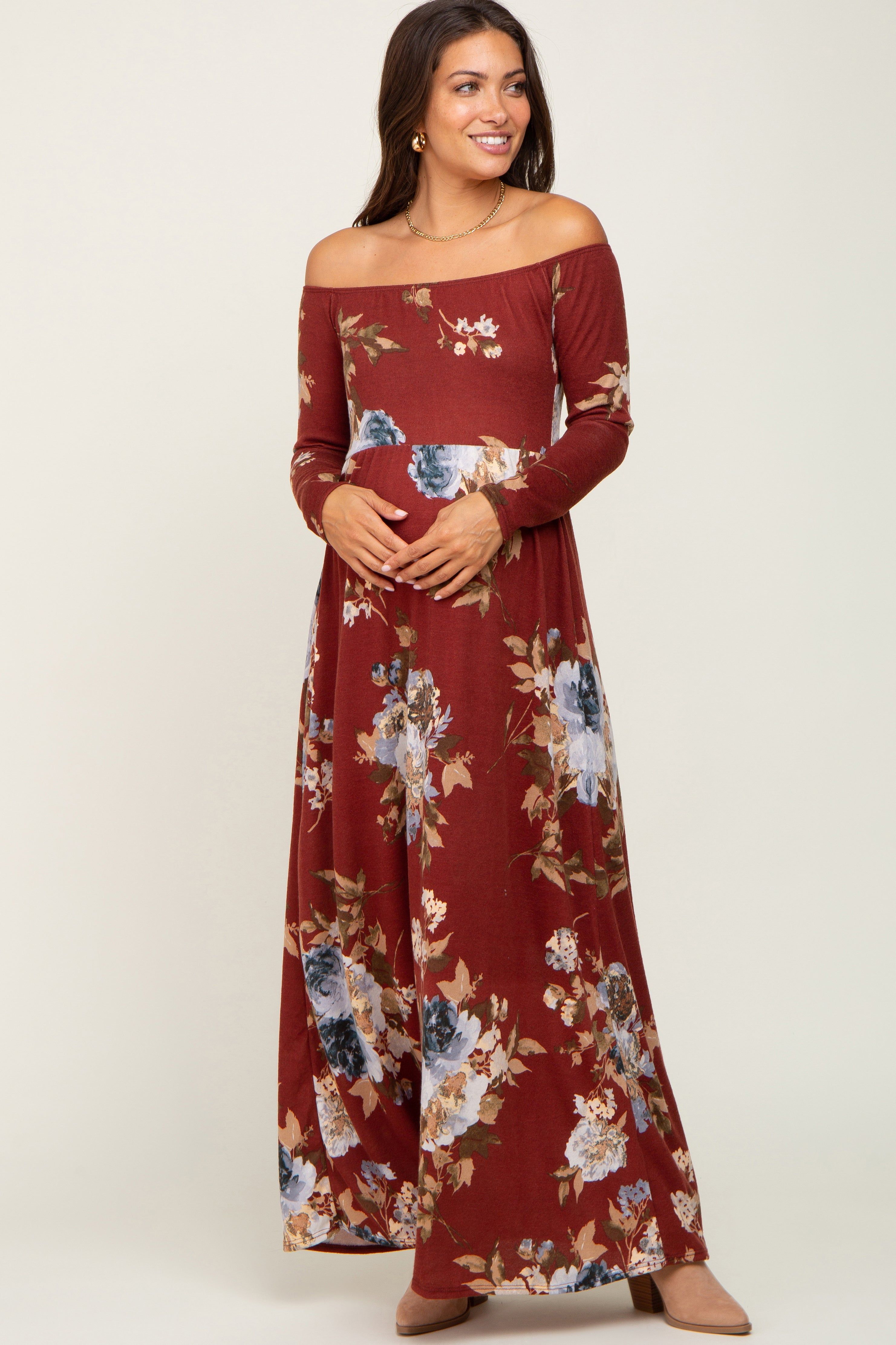 Burgundy Floral Off Shoulder Long Sleeve Maternity Maxi Dress sold by Pinkblush